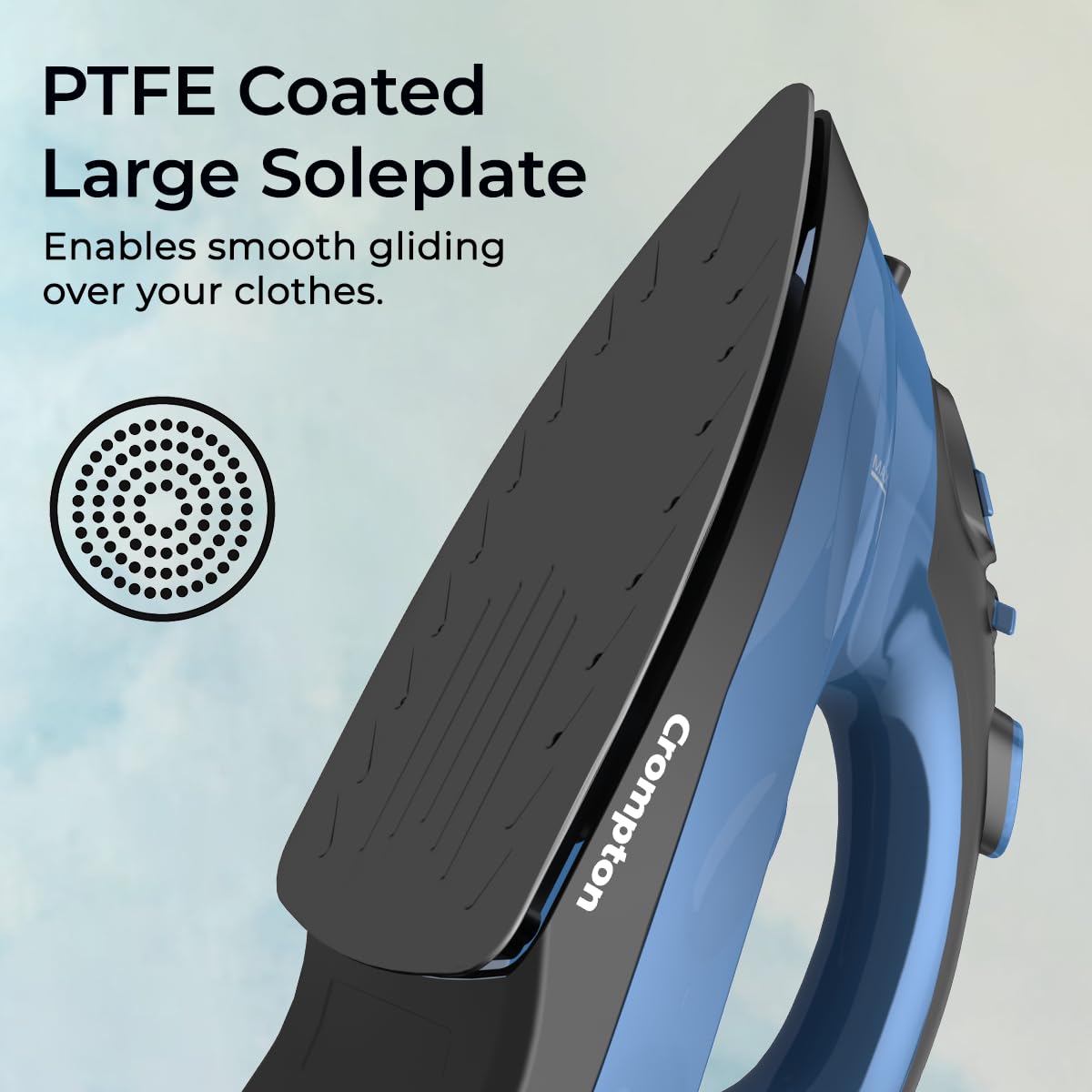 Crompton Fabrimagic Neo 1200 W Steam Iron with 180 ml water tank, Upto 15g /min Steam Output with Vertical Steaming and Non-Stick Soleplate (Blue), 6 Fabric Settings. 6