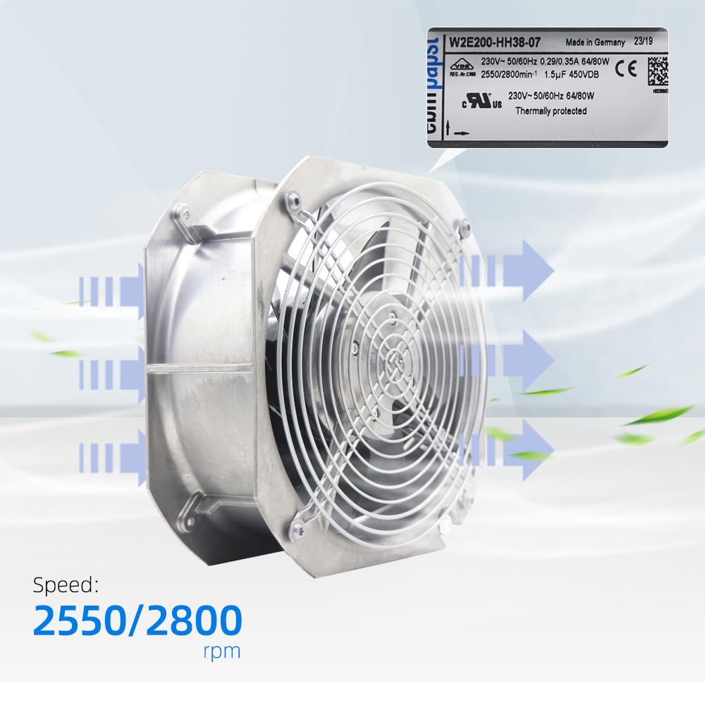 W2E200-HH38-07 eBm Papst W2E200HH3807 2800RPM 230V AC Axial Compact Fan 450CFM 0.29A/0.35A 64W/80W Ball Bearing Fan Dust Proof Ventilation Fans for Control Cabinet HVAC Cooling 4