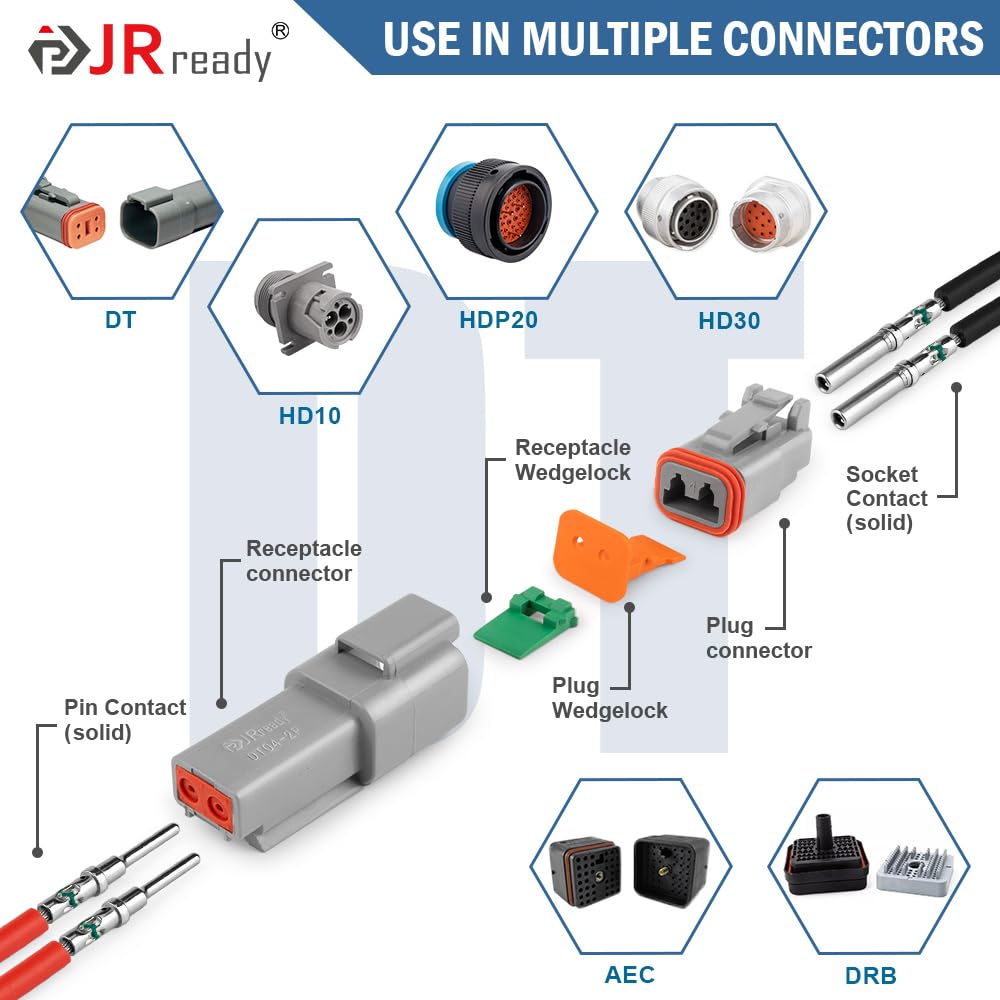 JRready Deutsch Contact Kit, Deutsch Solid Pin, Size 12 16 20 Deutsch Pins Support Wire Guage 22-12AWG with Deutsch Connector Kit, DT DTM Connectors 2 3 4 6 8 12 Pin with Turret Style Crimping Tool 6