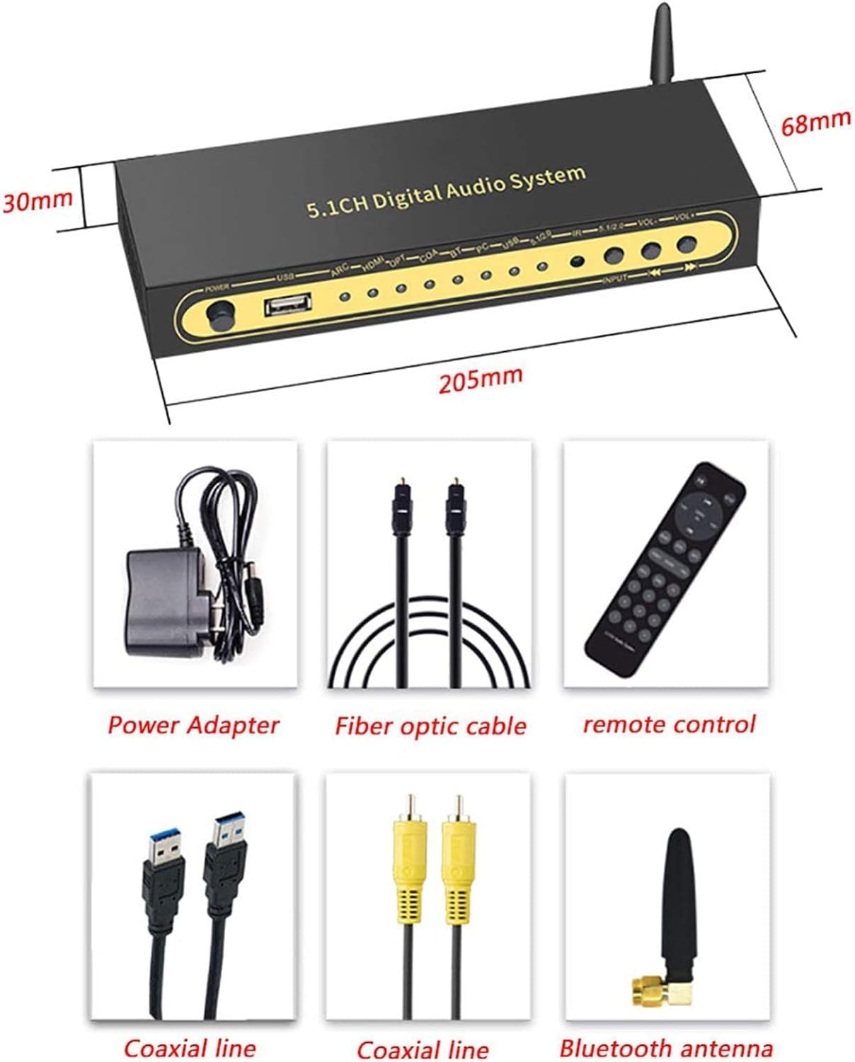 Tobo 5.1 Audio Decoder, DTSHD Dolby Atmos, U Disk HDMI Bluetooth 5.0 Optical Fiber ARC Coaxial, Support Blu-Ray Playerps Mputerset-Top Box and Other Source Devices TD-1098WA 3