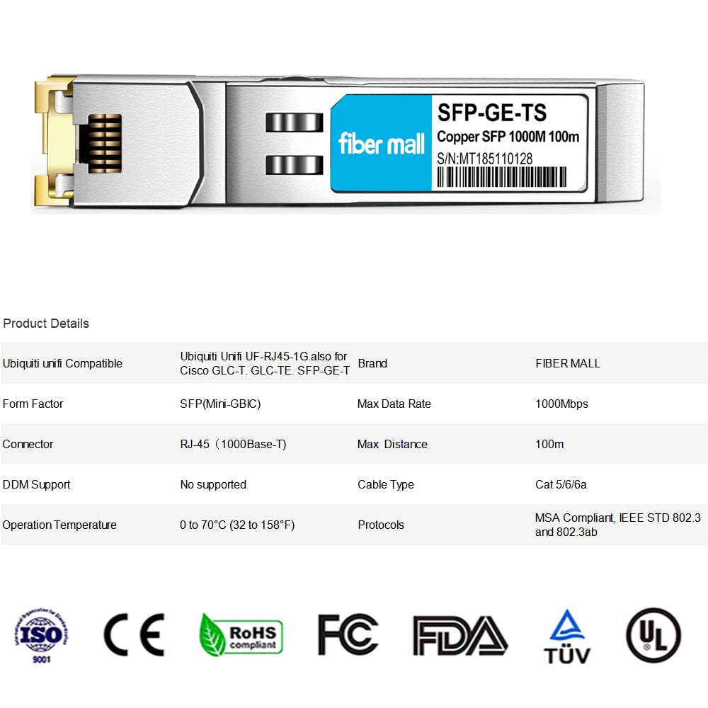 Cisco GLC-T GLC-TE SFP-GE-T Ubiquiti Unifi UF-RJ45-1G Netgear AGM734 D-Link DGS-712 Finisar FCLF852XP2BTL 1000BASE-T SFP Mini GBIC Copper RJ-45 100m Transceiver Module 4