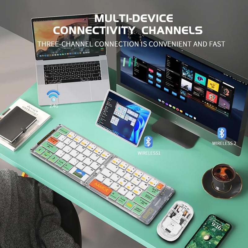 Wireless BT Foldable Keyboard and Mouse Combo,Ultra Slim, Rechargeable, Silent, Portable Travel Keyboard for Laptop, Tablet,Phone (Green) 6