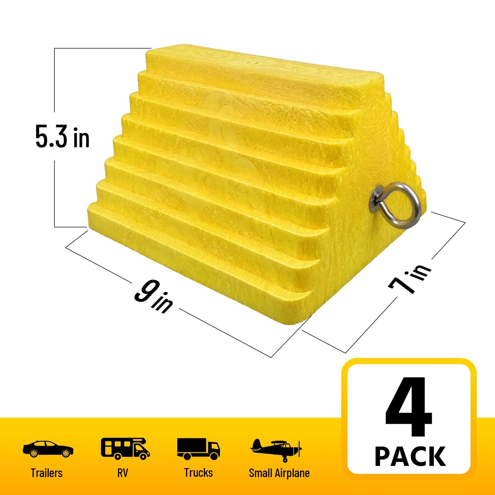 ROBLOCK 4 Packs Wheel Chocks Heavy Duty Yellow with Eyebolt for Travel Trailer Camper, Truck, Car and ATV(Yellow) 3