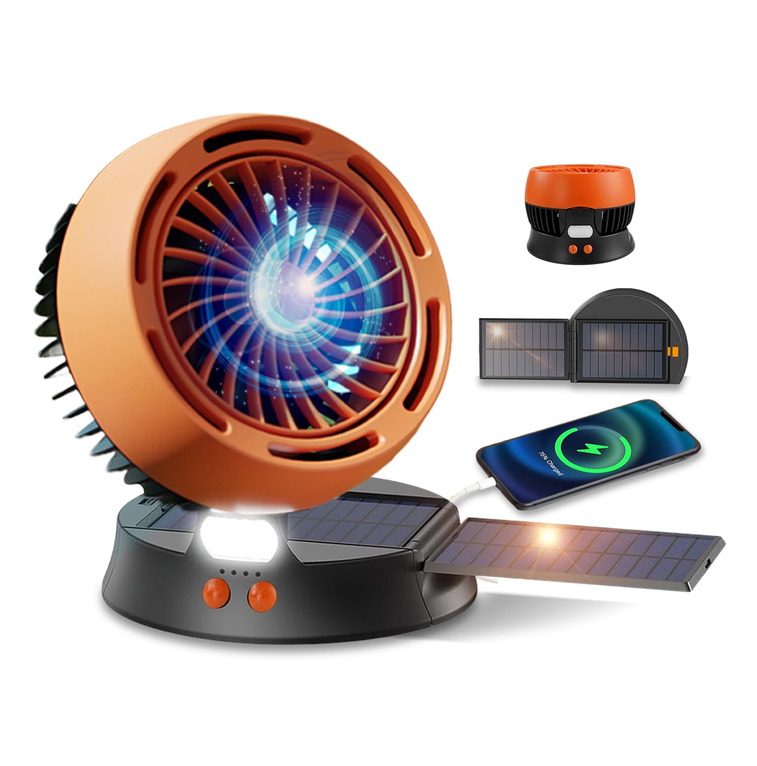 Solar Powered Fan with Lights, Portable Solar Camping Fan Rechargeable Battery Powered, 4 Speeds Quiet Detachable Panel Camping Essentials for Office Outside Tent Travel BBQ Fishing Hurricane Outages 1