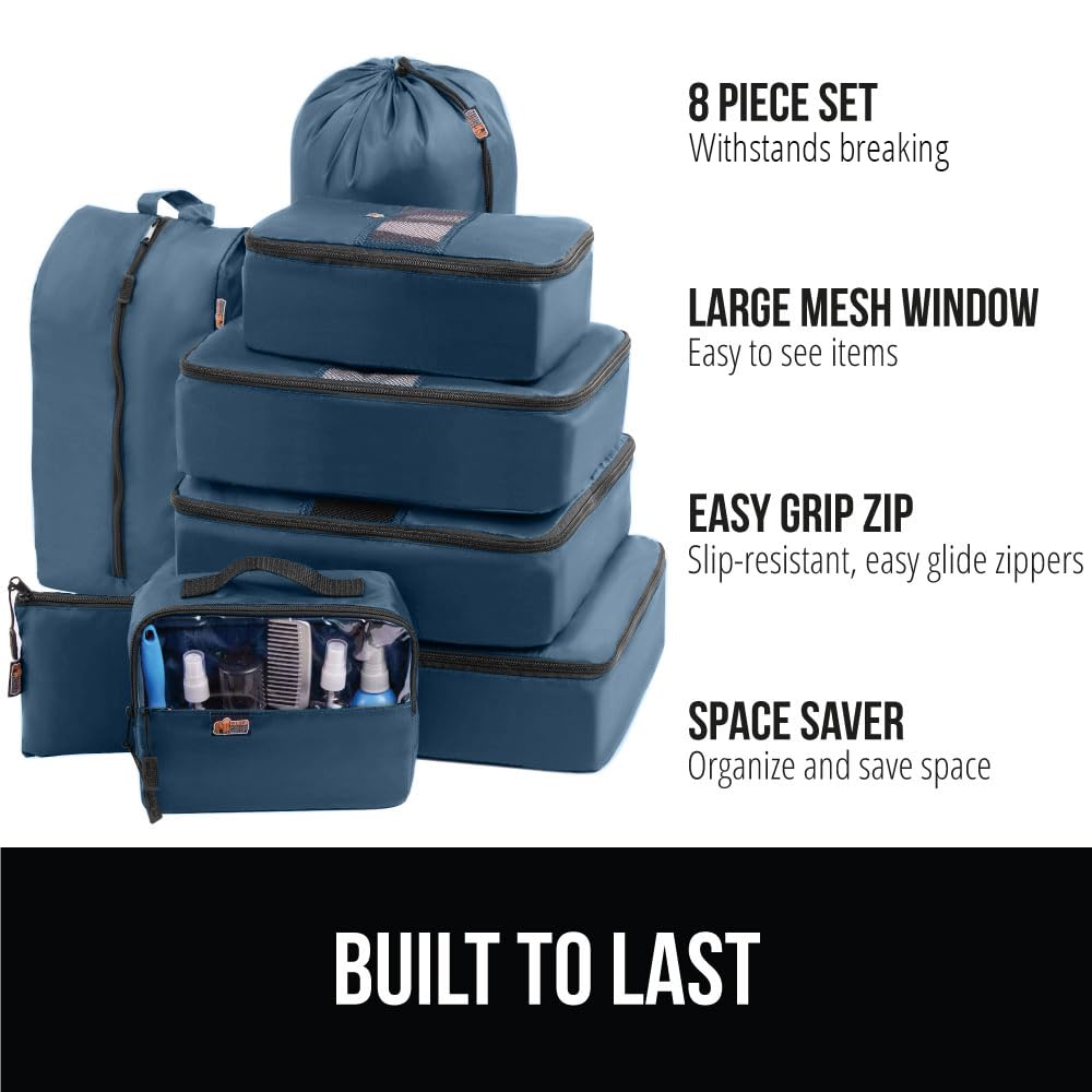 Gorilla Grip Packing Cubes and Car Seat Travel Bag, Cubes 8 Pack Navy, Travel Essentials for Suitcases, Bag Size 34x 18 In Blue, Tear Resistant, 2 Item Bundle 3