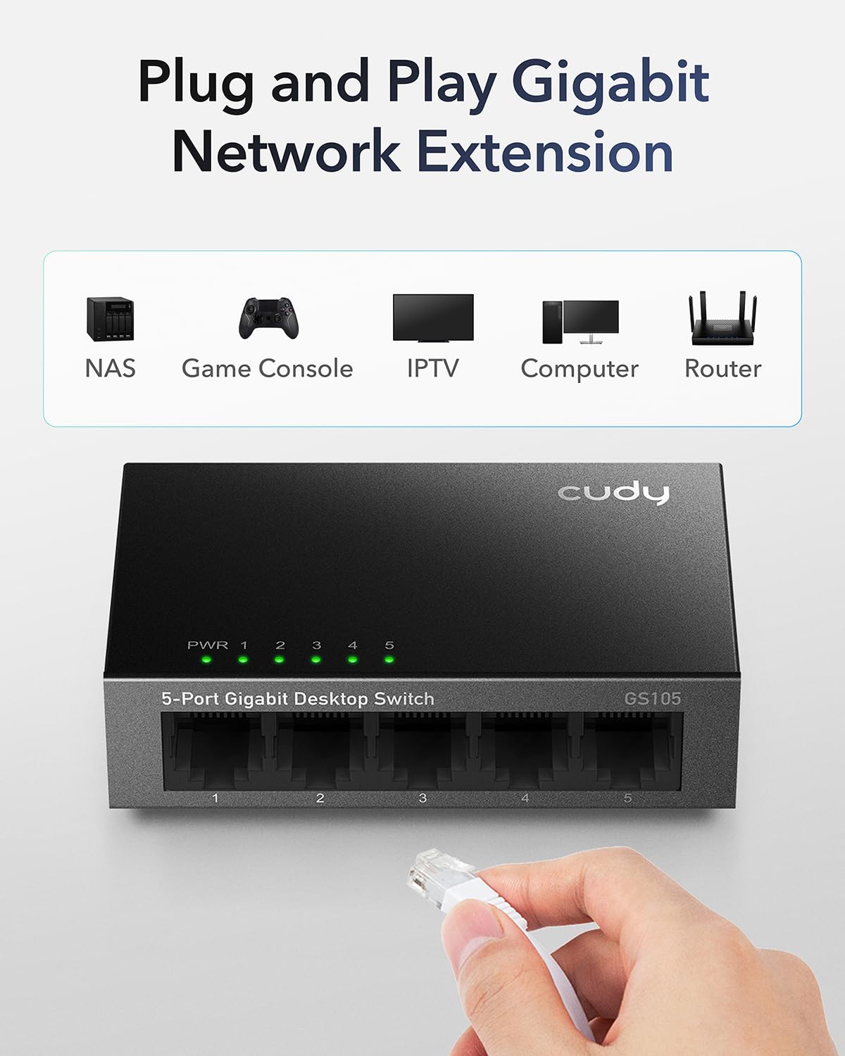 Cudy GS105 5-Port Gigabit Unmanaged Ethernet Switch, 10/100/1000Mbps RJ45 Ports, Desktop or Wall Mount, Energy Saving, Plug & Play, Fanless Metal Design 2