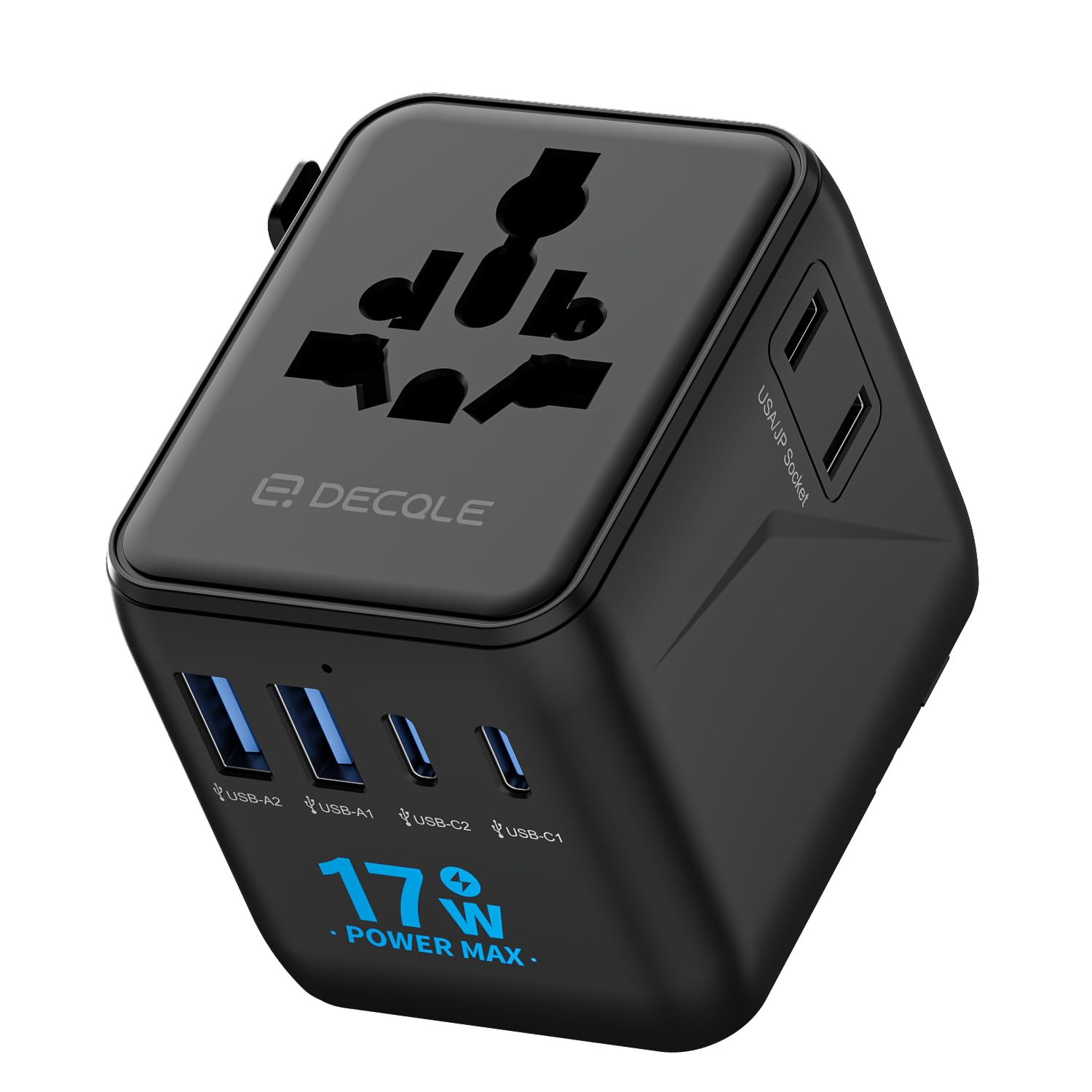 Universal Travel Adapter, International Travel Plug Adapter with 2 USB-C ＆ 2 USB-A Ports, with Extra 2 Prong AC Outlet All in One Portable Socket, for USA, UK, EU, AU ＆ 224+ Countries (Black) 1