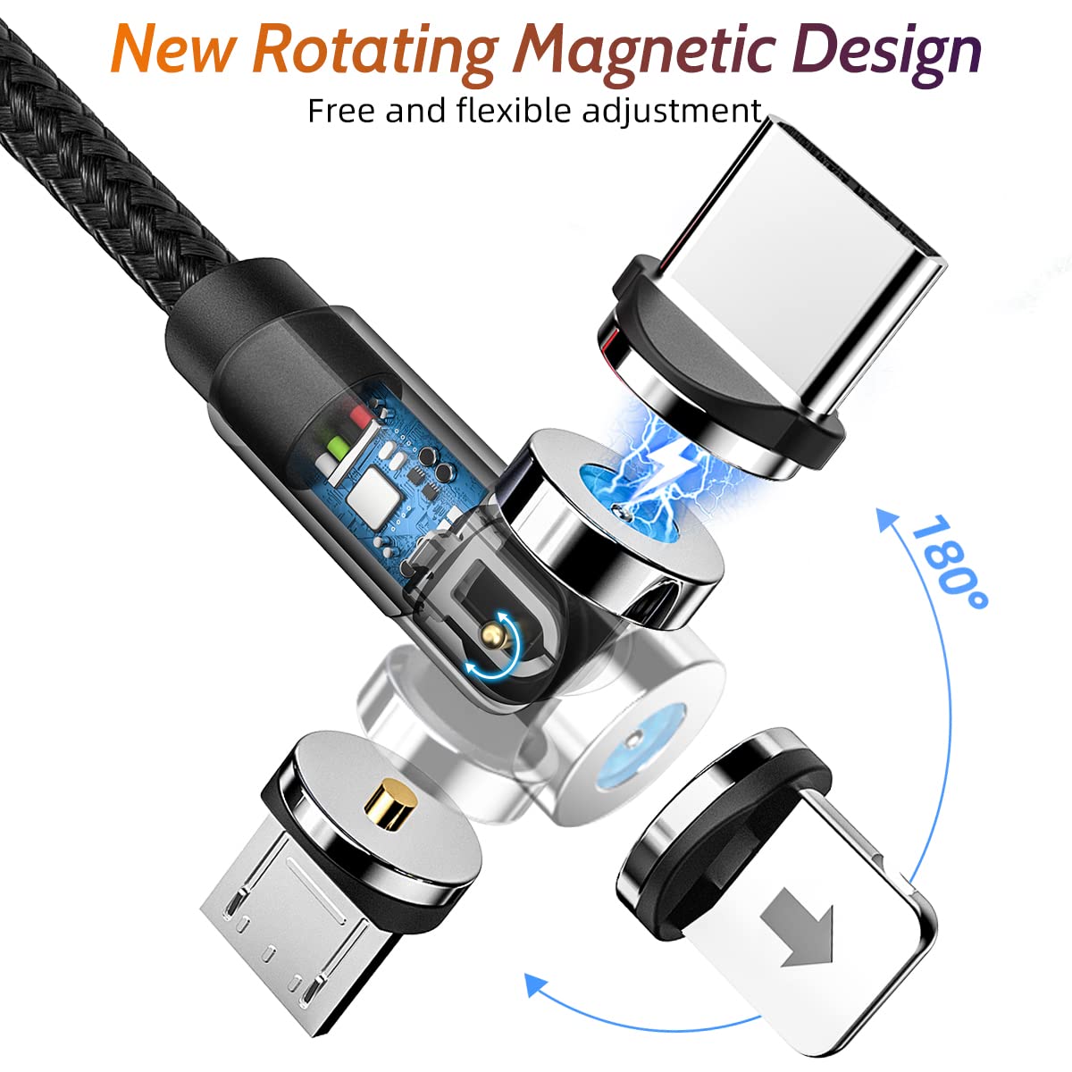 540° Rotating Magnetic Charging Cable (4 Pack 3/3/6/6ft) USB C Magnetic Phone Charger Cable 3 in 1 2.4A Fast Charge Cord for iPhone Samsung Moto Oneplus Android Tablet TWS Earbuds Gamepad 4