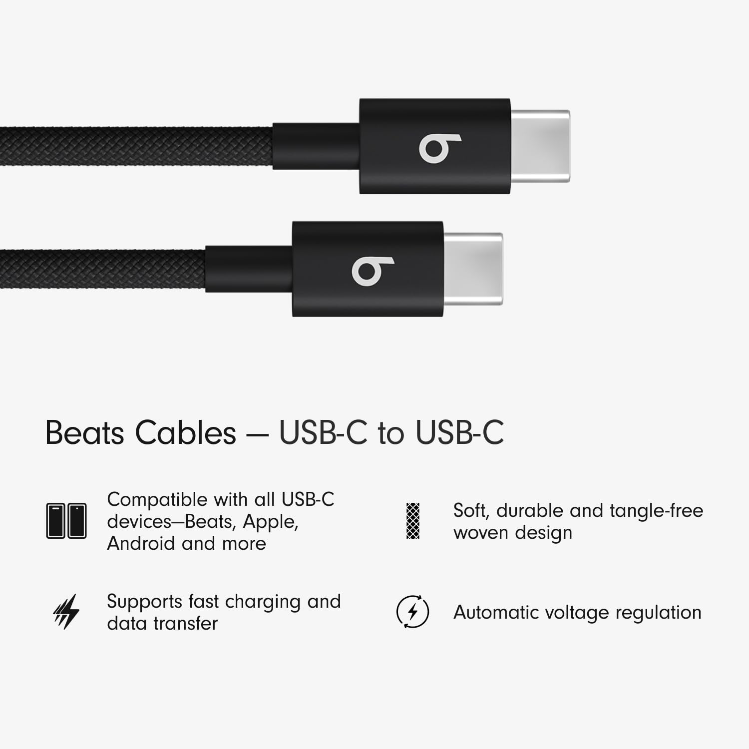 Beats USB-C to USB-C Woven Cable 2 Pack Fast Charging Durable/Tangle-Free Compatible Charger for Apple & Android Devices (1.5 m, 5 ft) - Bolt Black 3