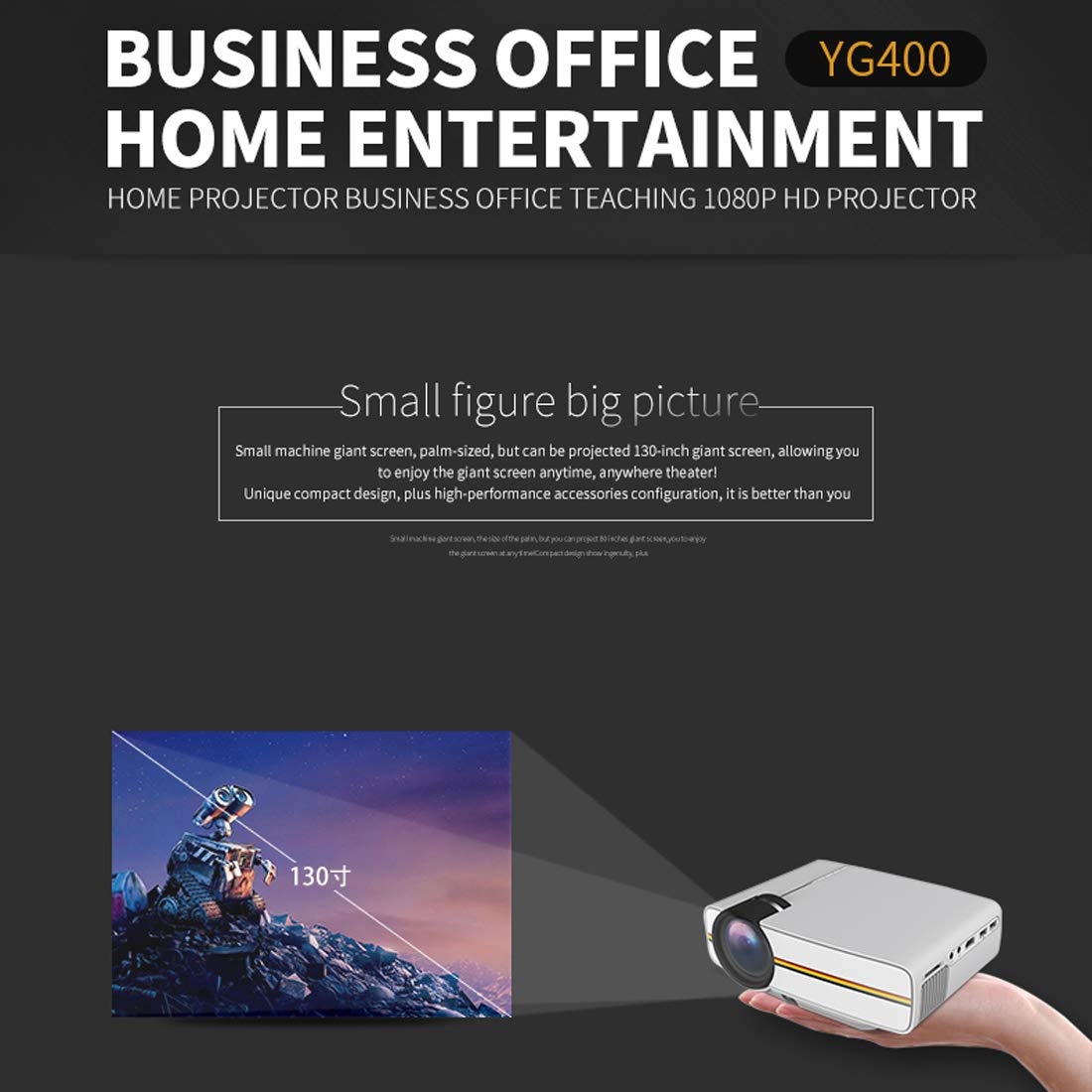 Tangyongjiao Video projectors YG400 800x480 1200LM Mini LED Projector Home Theater, Support HDMI & AV & SD & USB & VGA, Mobile Phone Version (Black) (Color : Black) 5