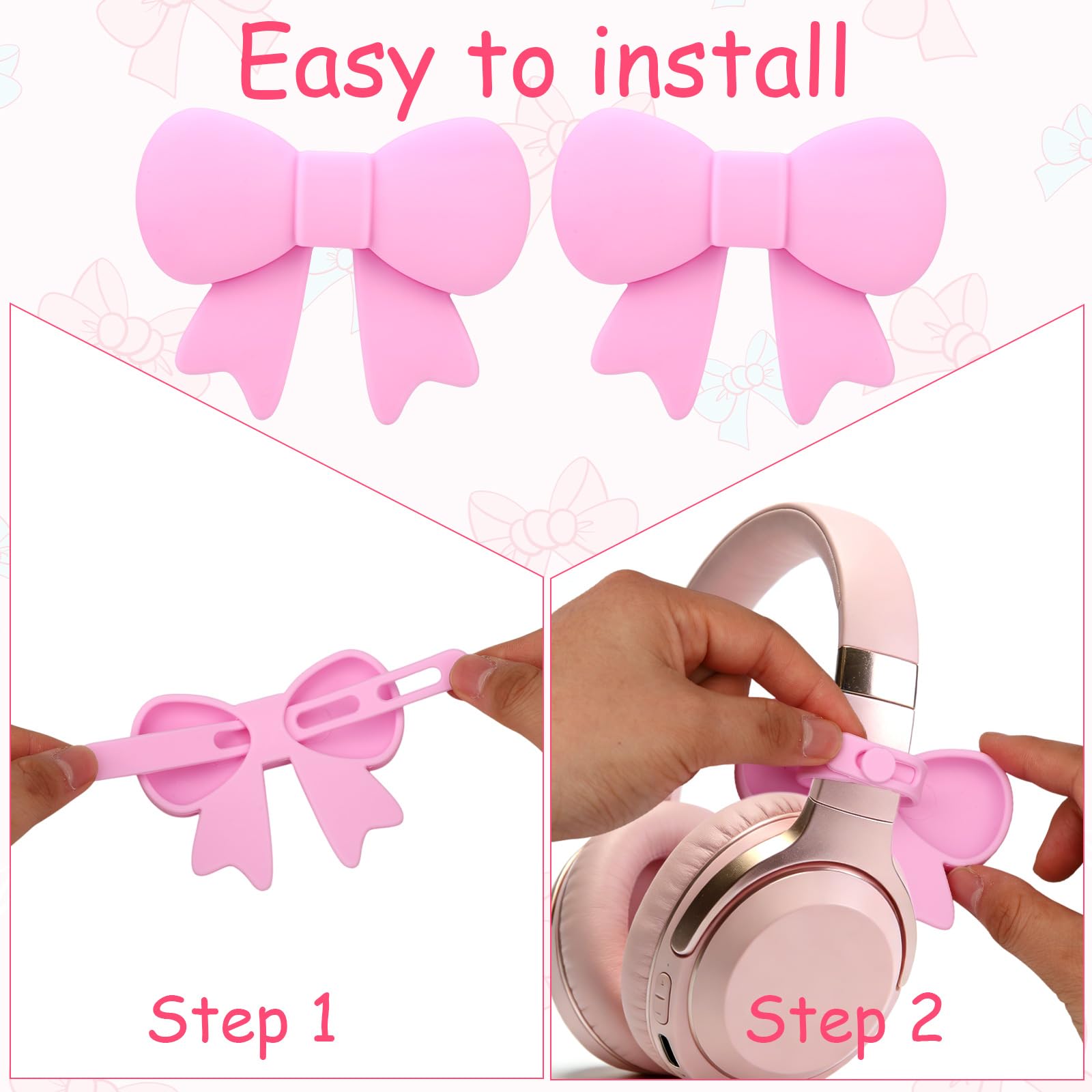 2pcs Pink Bow Decor Headphone Accessories, Adjustable Silicone Headphone Headset Attachment Accessories Charms 3D Cute Earphone Gaming Girly Gamer Decorations Supplies Her Gift Birthday for Women 6