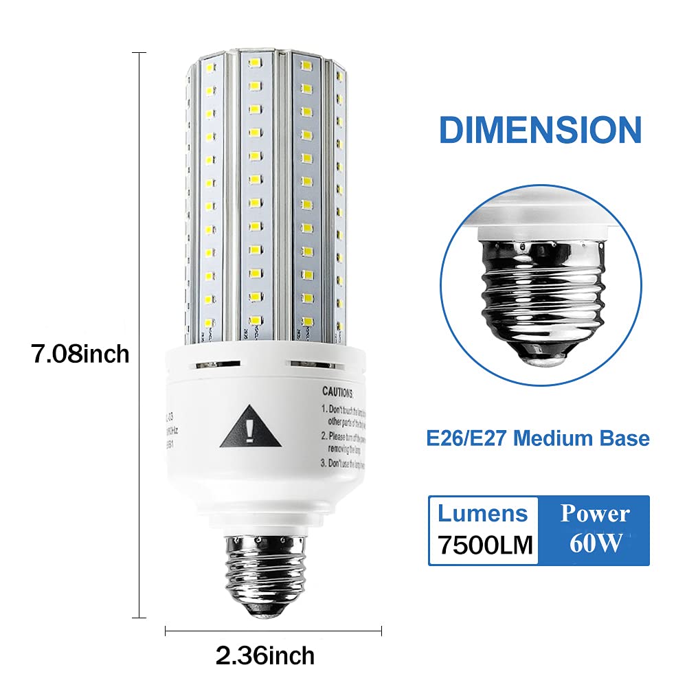 ZP 2 Pack Led Light Bulb 500W Equivalent 7500 Lumen 5000K E26/E27 Medium Base 60W led Bulb for Outdoor Indoor Lamp Area Garage Warehouse Workshop Street Backyard New Upgrade 2 Count (Pack of 1) 2