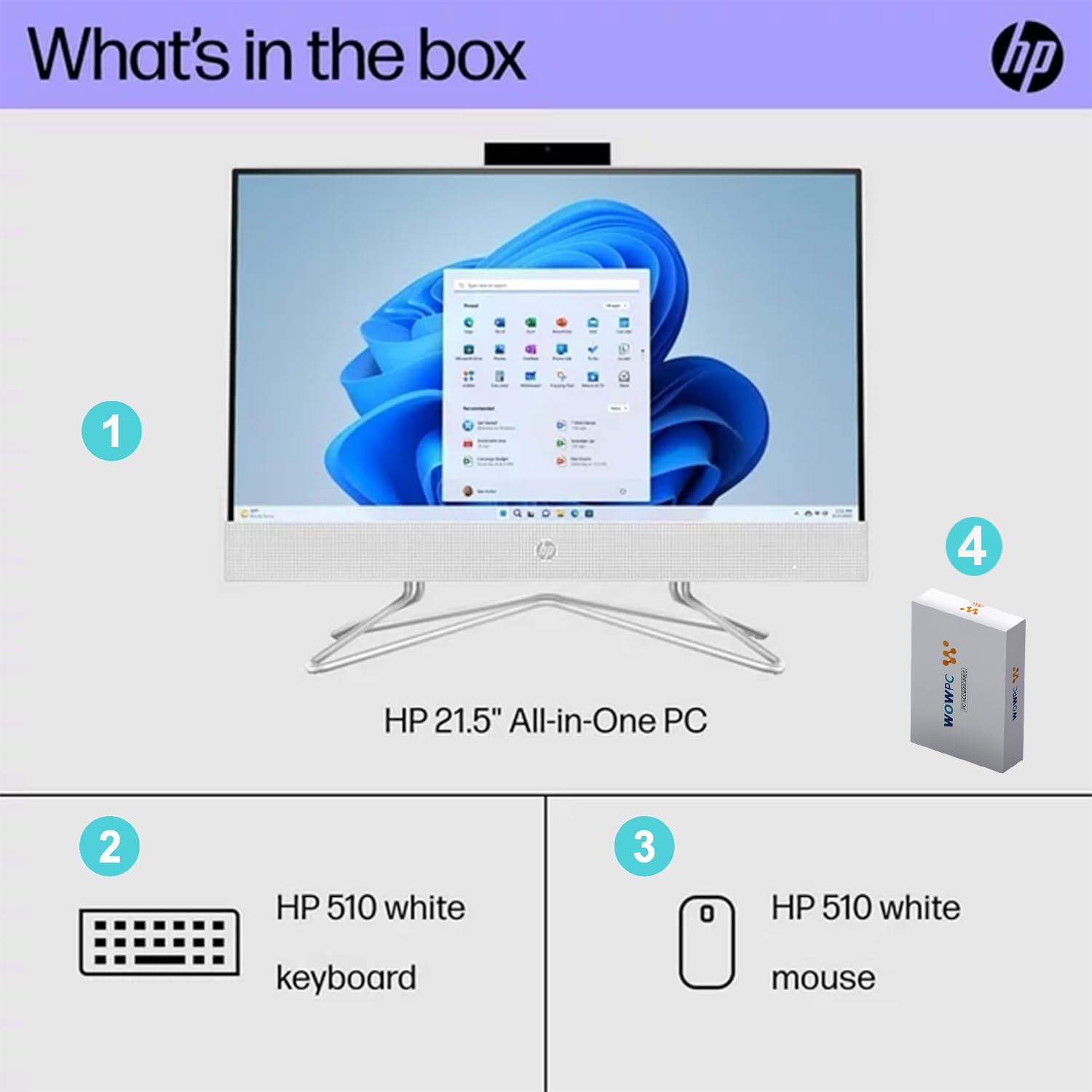HP 22'' All-in-One Desktop PC • 16GB RAM • 512GB PCIe SSD • FHD Display • Intel Celeron CPU • Microsoft Office Trial • 720p HD Camera • Keyboard & Mouse • Windows 11 Pro • WOWPC Recovery USB 3