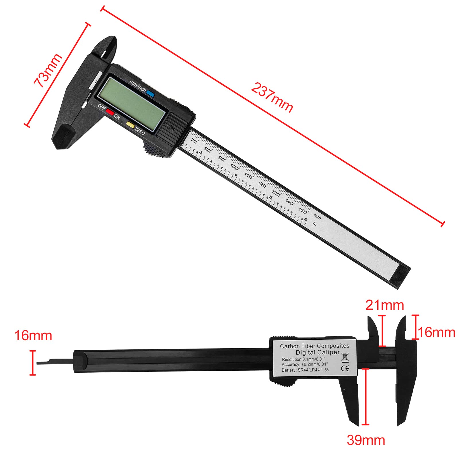 Gvolatee digital caliper of 150mm (6") carbon fiber, with clear LCD and backup battery, professional caliper for outdoor use, depth and step measurement 3