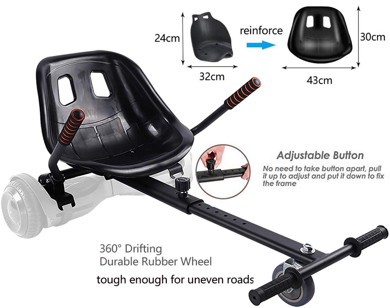 Hoverboard Go Kart Seat Attachment, Hover Go Kart Buggy, Conversion Kit Transform Hoverboard into Go Kart, Adjustable Heavy Duty Frame, Fits Kids and Adults, Compatible for 6.5", 8", 10" (Black) 3