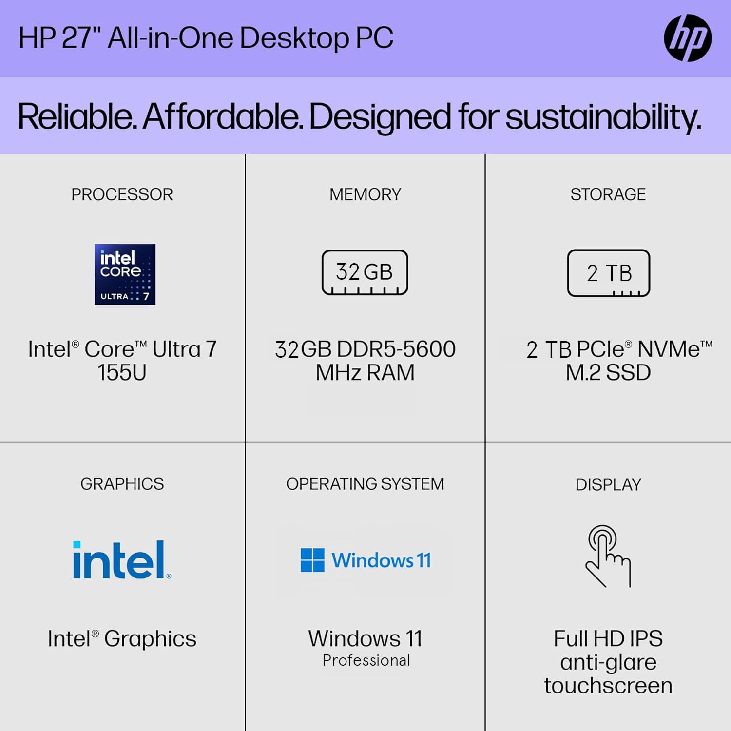 HP 27" All-in-One Desktop Computer, FHD IPS Touchscreen, Intel 12-core Ultra 7 155U (Up to 4.8 GHz), 32 GB DDR5, 2 TB SSD, Wi-Fi 6, HDMI, Wireless KB & Mouse, Windows 11 Pro, w/Lifetime Office 2024 3