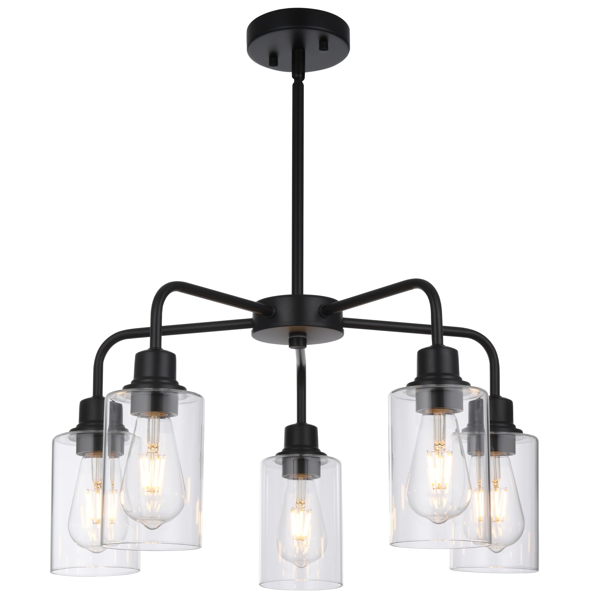 VINLUZ 5-Light Classic Black Dining Room Light Fixture, Modern Industrial Hanging Chandeliers with Clear Cylinder Glass Shades, Pendant Light Fixtures for Living Room, Kitchen, Foyer, Hallway 1