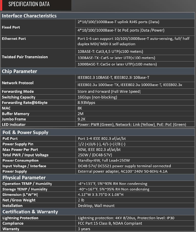 802.3bt POE++ Extreme Power Gigabit POE Switch, 90 Watts on Each Port, Additional Ethernet & SFP Uplinks, 10/100/1000 (4 Port - 250 Watts) 6