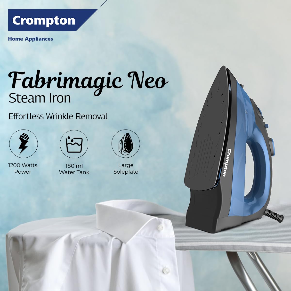 Crompton Fabrimagic Neo 1200 W Steam Iron with 180 ml water tank, Upto 15g /min Steam Output with Vertical Steaming and Non-Stick Soleplate (Blue), 6 Fabric Settings. 3