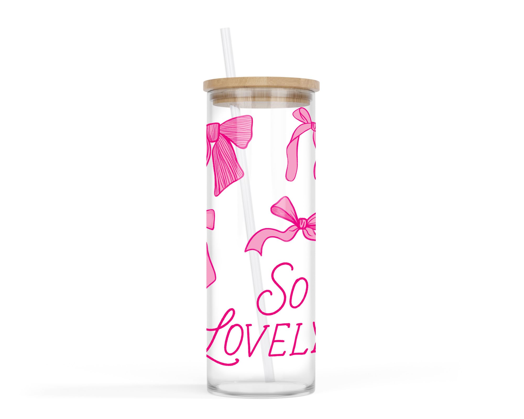 Clairmont & Co Cold Brew Travel Tumbler, Cup With Lid and Straw, 24 Ounce Wood and Glass, So Lovely Pink Bows 1