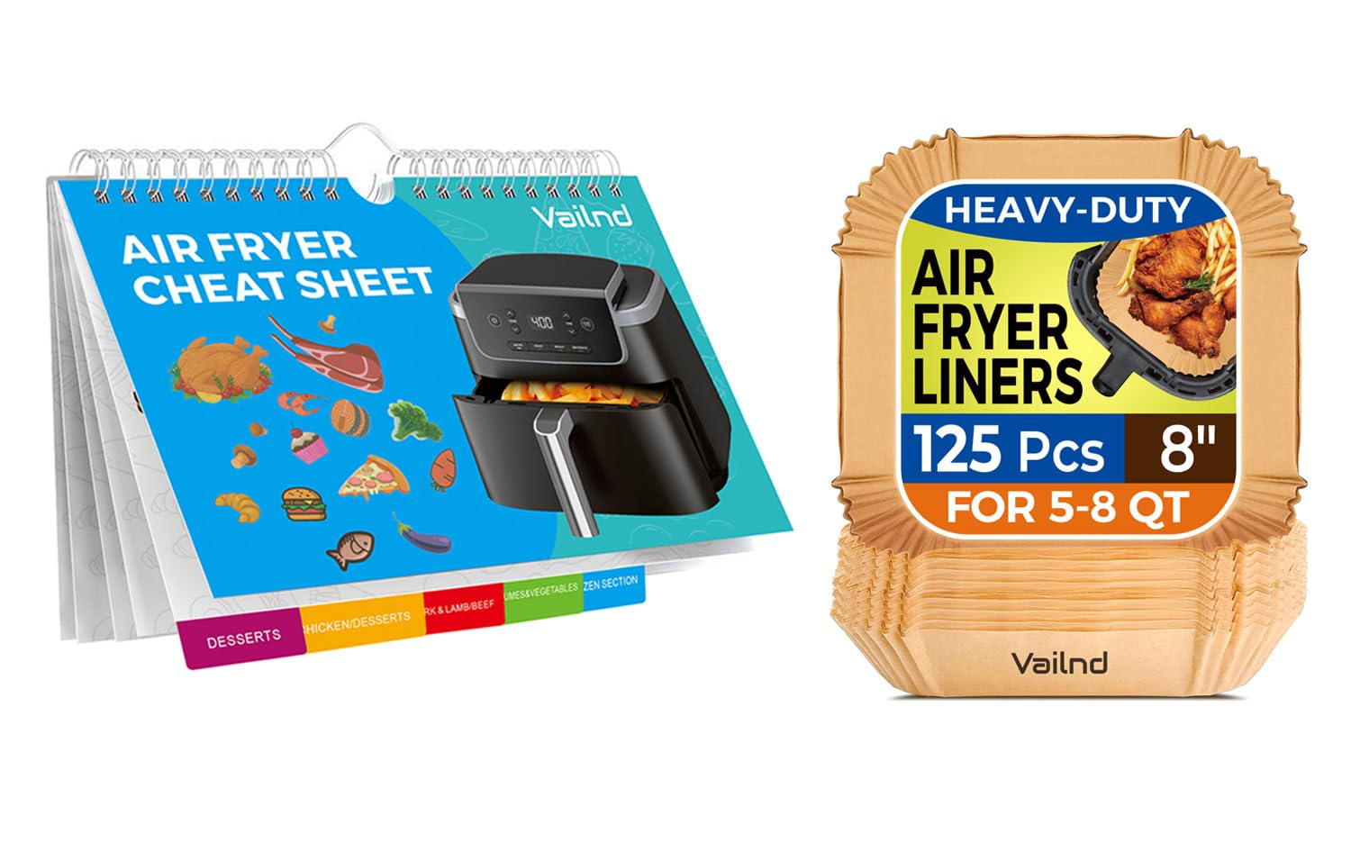 125pcs 8" Square Air Fryer Liners Disposable and Air Fryer Cheat Sheet Magnets Cooking Guide Booklet