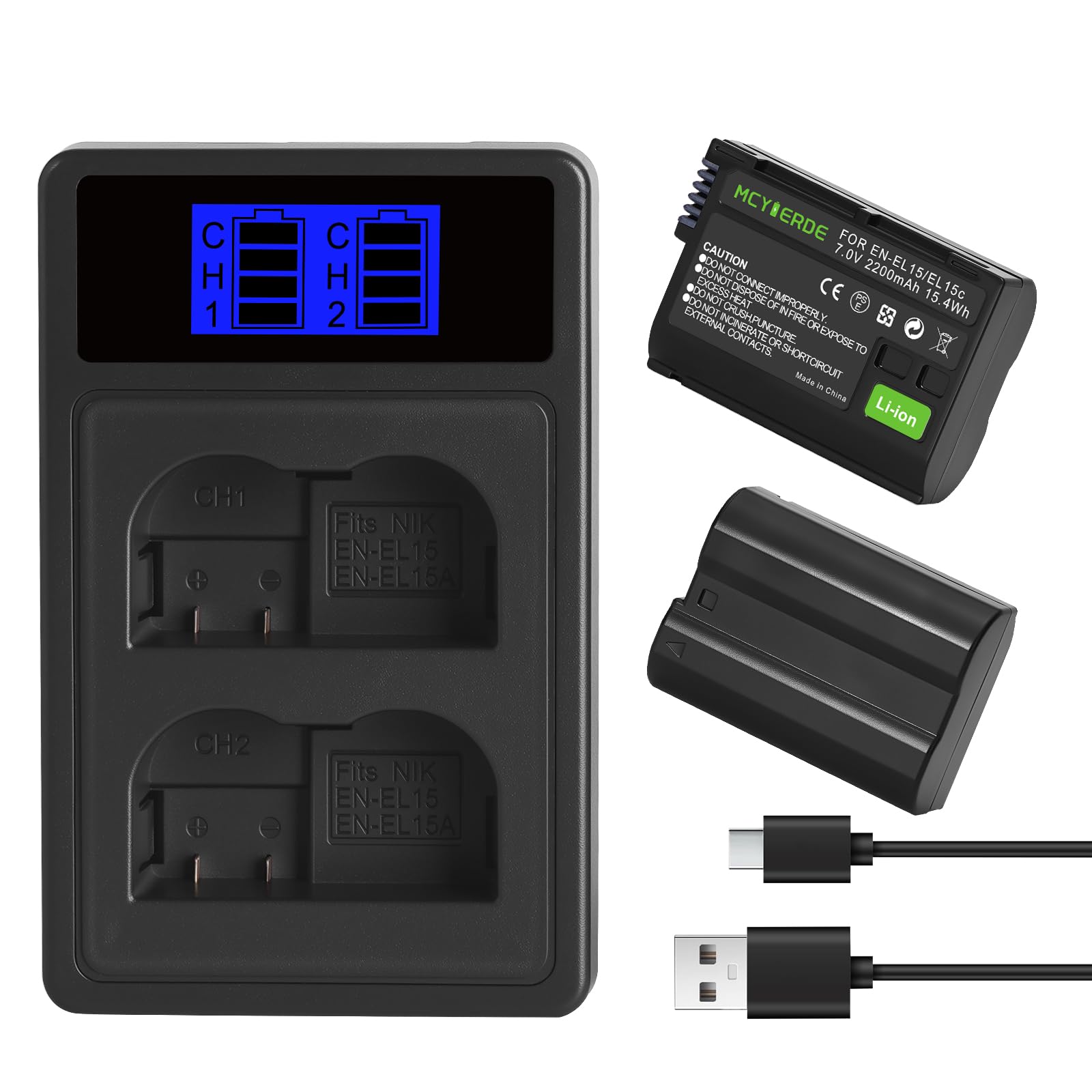 2-Pack EN-EL15 EN-EL15a Battery with Dual USB Charger Compatible with Nikon Z6 Z7 D750 D850 D7000 D7100 D7200 D7500 D500 D600 D610 D780 D800 D800e D810 D810a Cameras 1