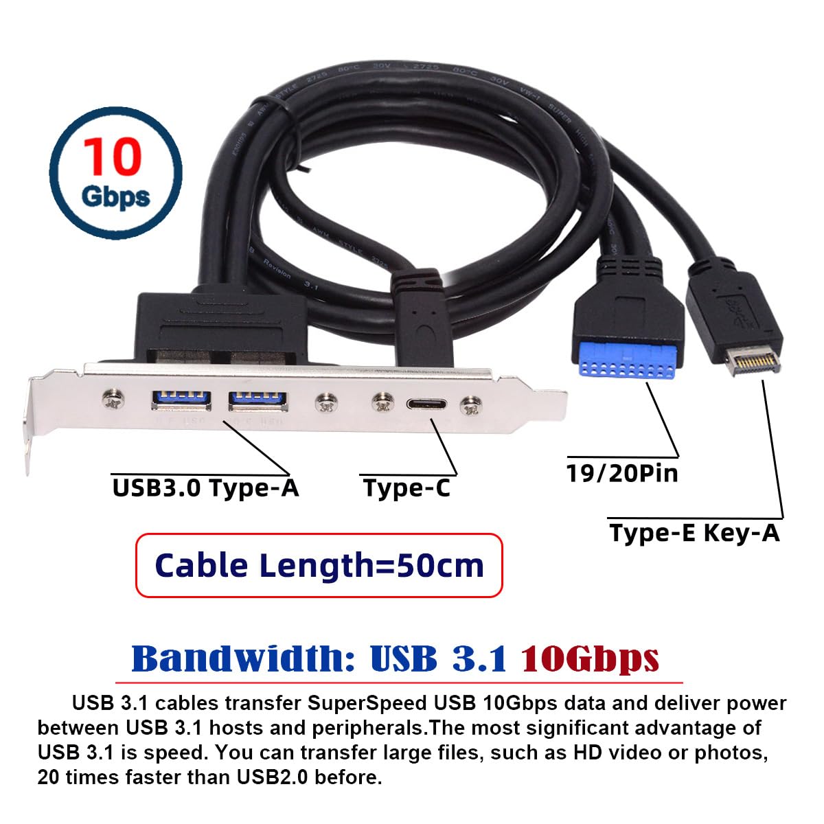 CY 10Gbps USB3.0 Motherboard 19/20Pin & Type-E to USB-C Type-C & USB 3.0 Dual Ports Female PCI-E Back Panel 5Gbps Cable 4