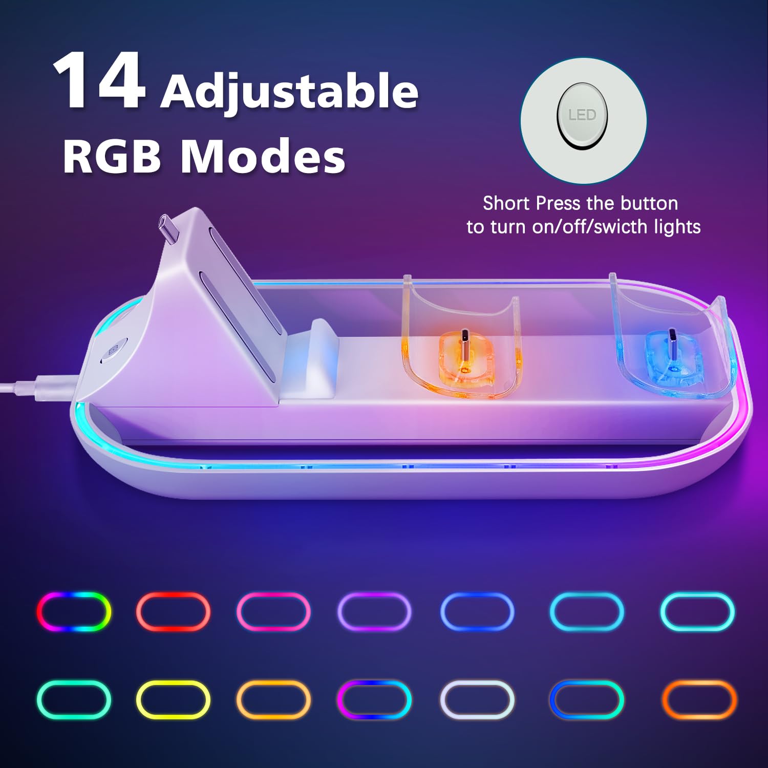 Charger Station for PlayStation Portal, Charging Dock with with 14 RGB Light & USB Type C Cable, Charge Base Holder for PS5 Controller & PlayStation Portal Remote Player Accessories (White) 5