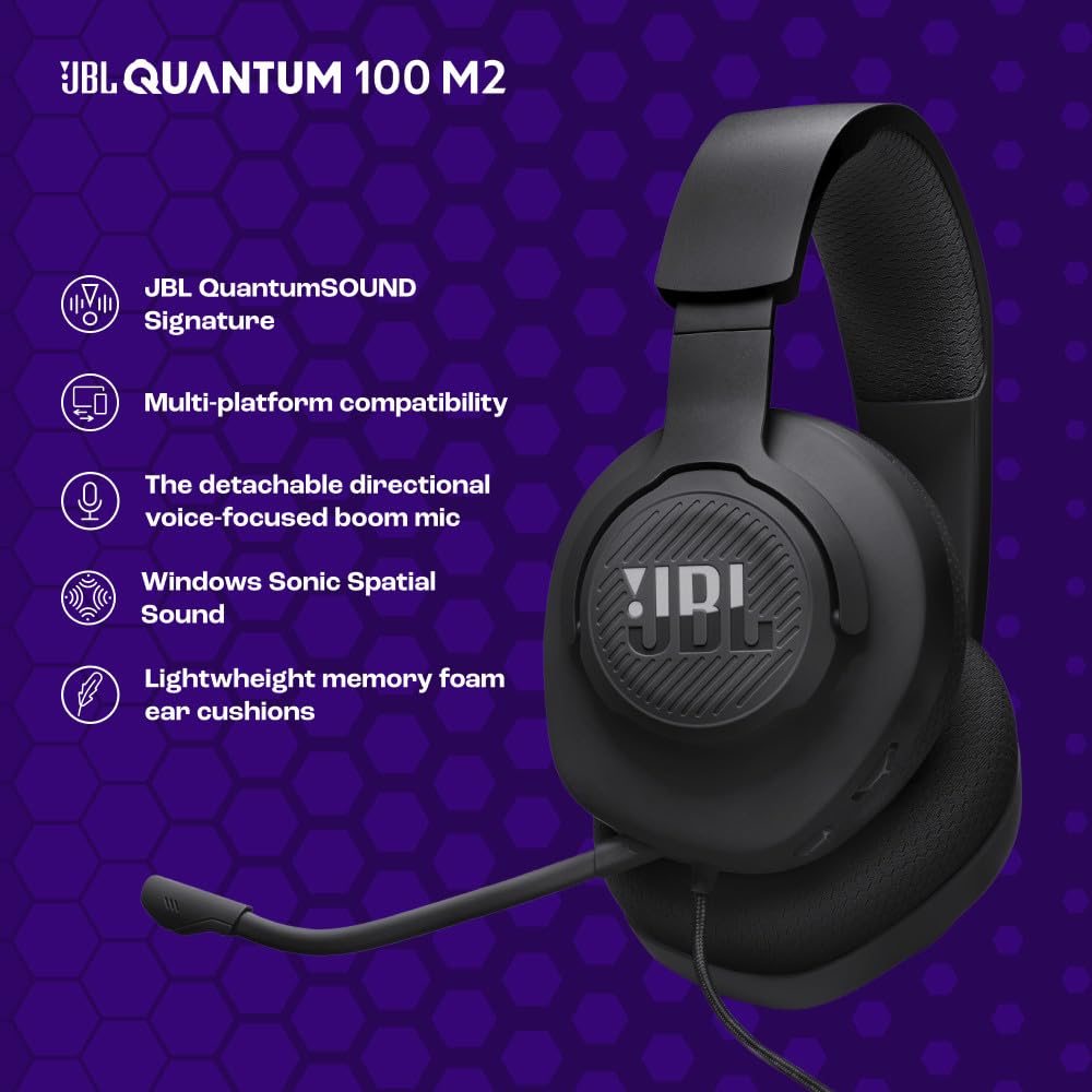 JBL Quantum 100M2 - Wired Over-Ear Gaming Headset with omnidirectional, Detachable mic with Mute Option and Fabric-Covered Memory Foam Ear Cushions, Compatible with All Platforms (Black) 5