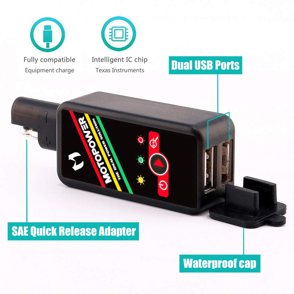 MOTOPOWER MP0620B 4.2Amp Motorcycle Dual USB Charger SAE to USB Adapter with Battery Monitor Switch Control 4