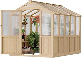 Wooden Greenhouse Garden Wood Green House, 6x8 FT Reinforced Fir Wood Structure Polycarbonate Walk-in Greenhouses Kit ,Safety Vents, Door Latch, Doorstop Hook for All-Weather Gardening and Growing 1