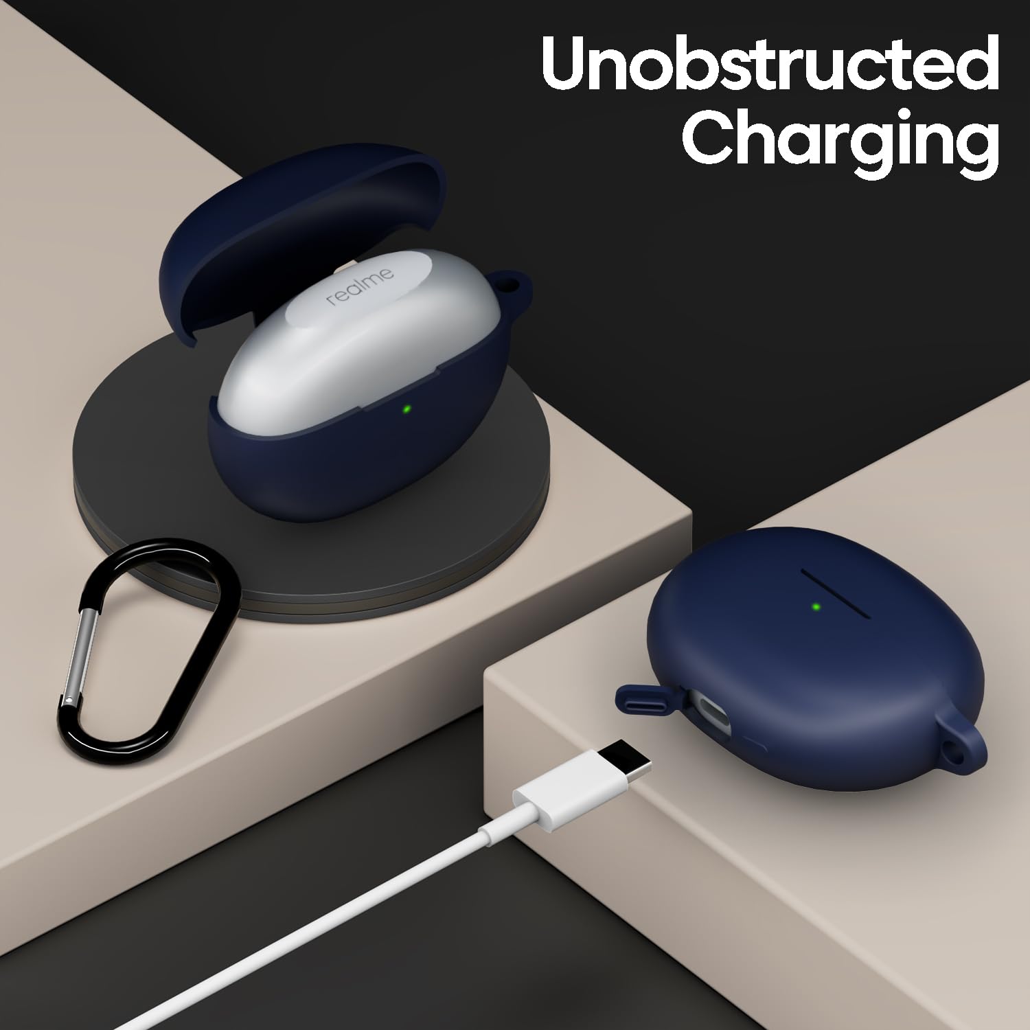 Sounce Silicone Case Cover for Realme Buds Air 6 Pro, Portable Non-Slip Grip & Scratch-Resistant Protector with Carabiner Clip Full Protection Water Resistant, Shockproof Cover - Blue 3