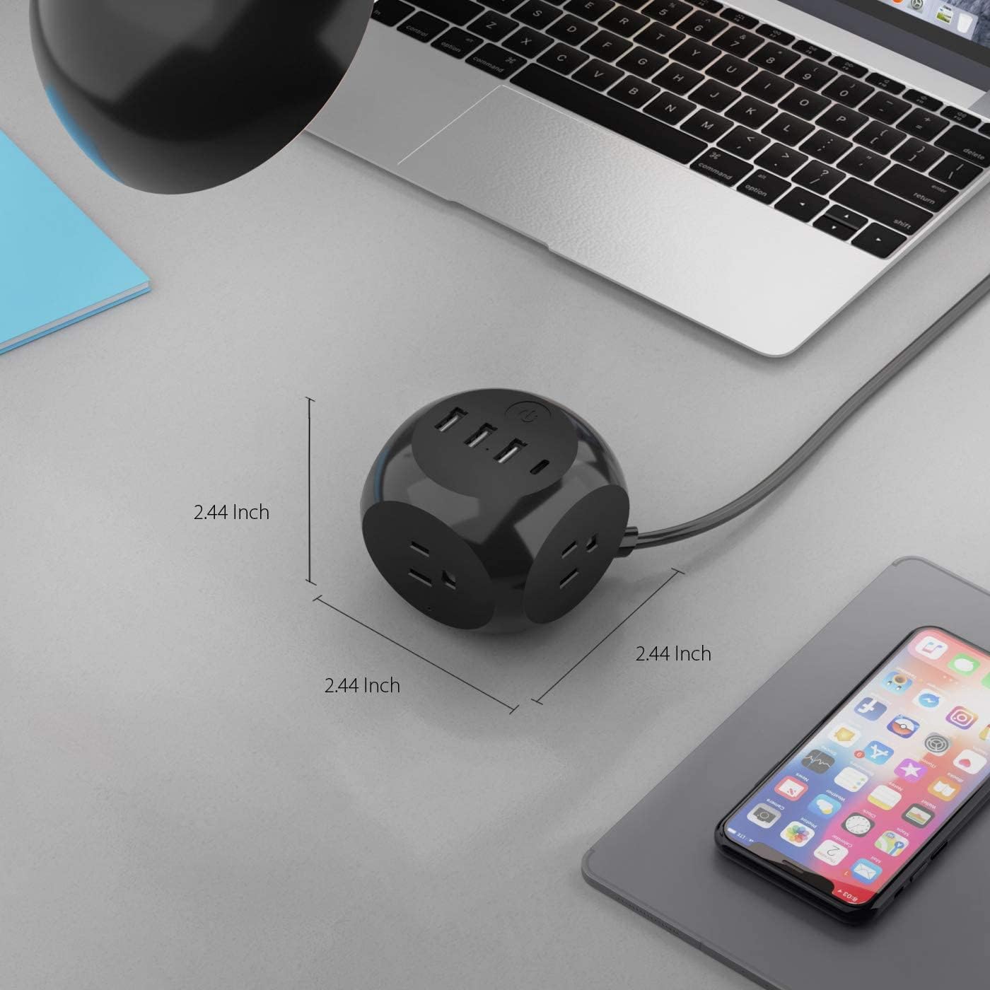 Ceptics Power Strip with USB C - Cube Power Strip, 3 Outlets + 4 USB Ports (3 USB and 1 USB-C) Portable Design, Compact for Travel, Cruise Ship, Office - Black Power Strip - Powerful 21W 5