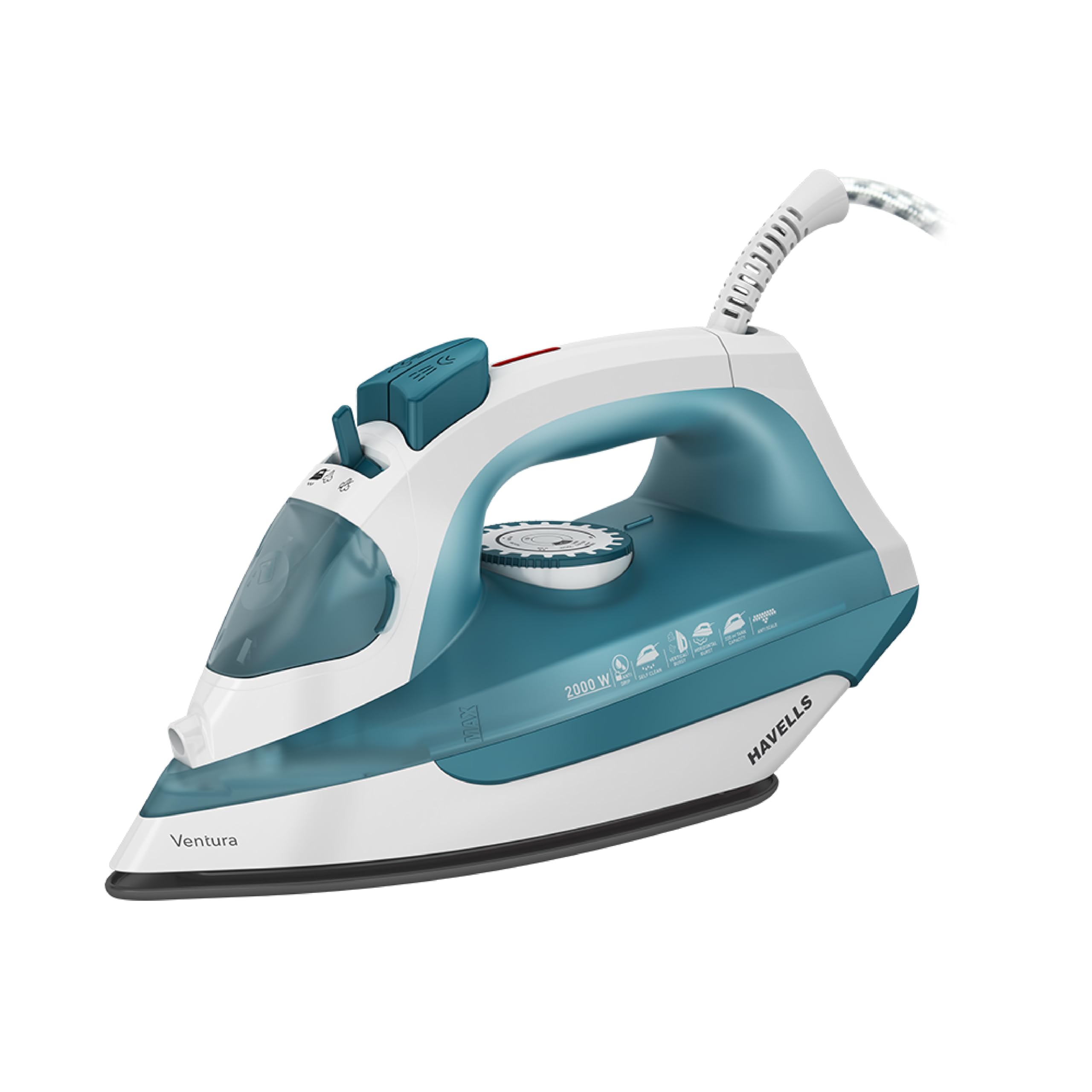Havells Ventura 2000 Watt Steam Iron with Self Cleaning Function|Vertical & Horizontal Ironing|220 ml Tank for Longer Ironing|High Steaming Rate upto 15 gm/min|2Yr Manufacturer Warranty(Turquoise) 1