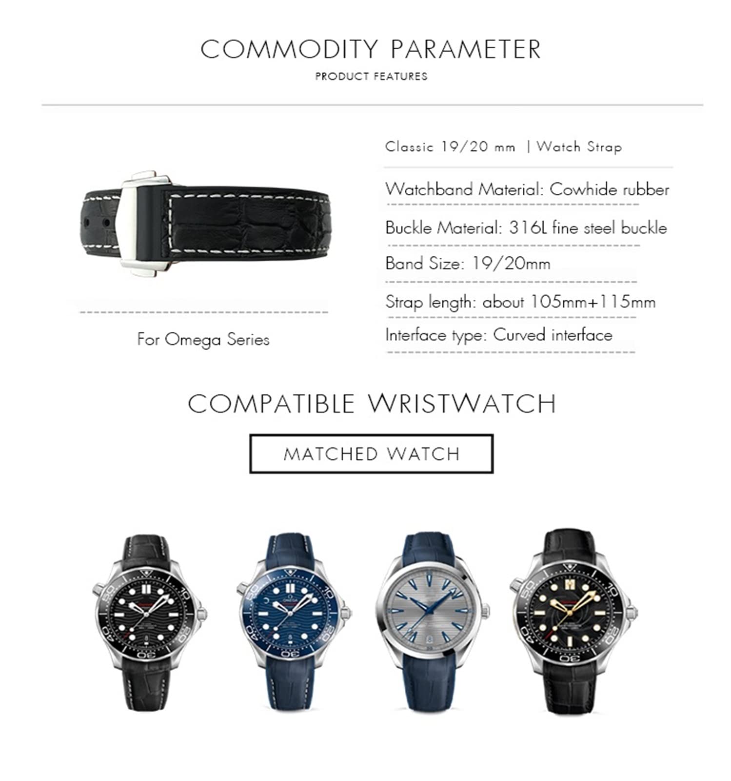 JZZJSBX 22mm Cowhide Watch Bands for Omega Seamaster 300 Speedmaster DE Ville Watch Strap for Men Bracelet Point Buckle for Man Woman 3