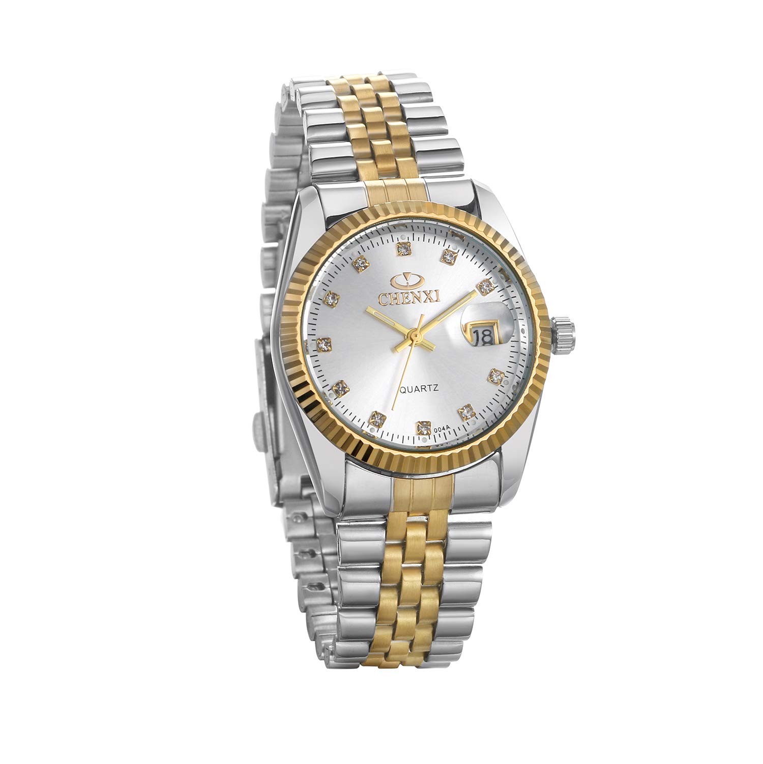 JewelryWe Luxury Couple Watches Gold-Silver Tone Stainless Steel Quartz Calendar Wristwatch Rhinestone His and Her Watch Set 1