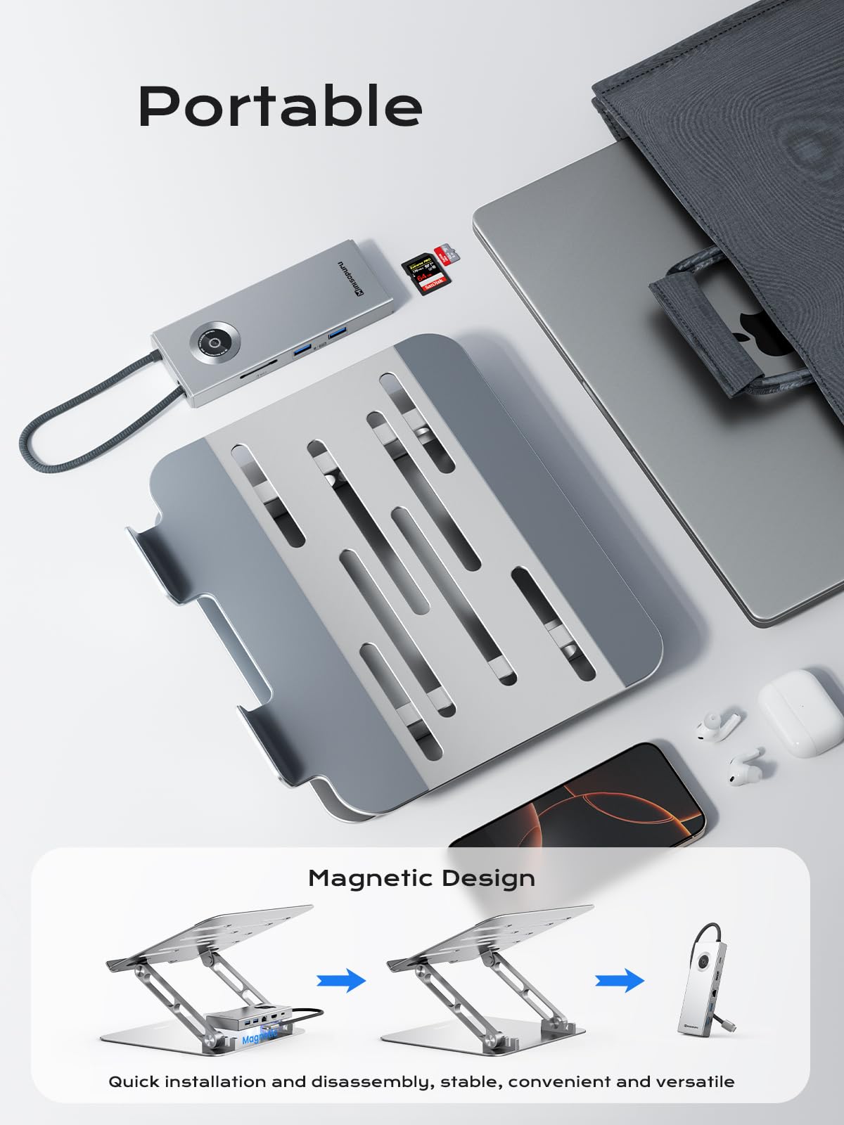 minisopuru USB C Laptop Docking Station Stand with 4K HDMI, 100W PD, Docking Station for MacBook Pro/Air/Dell/HP/Surface, Adjustable Laptop Stand for 10-17" Laptops & Tablet(4 USB A, RJ45, SD3.0) 6