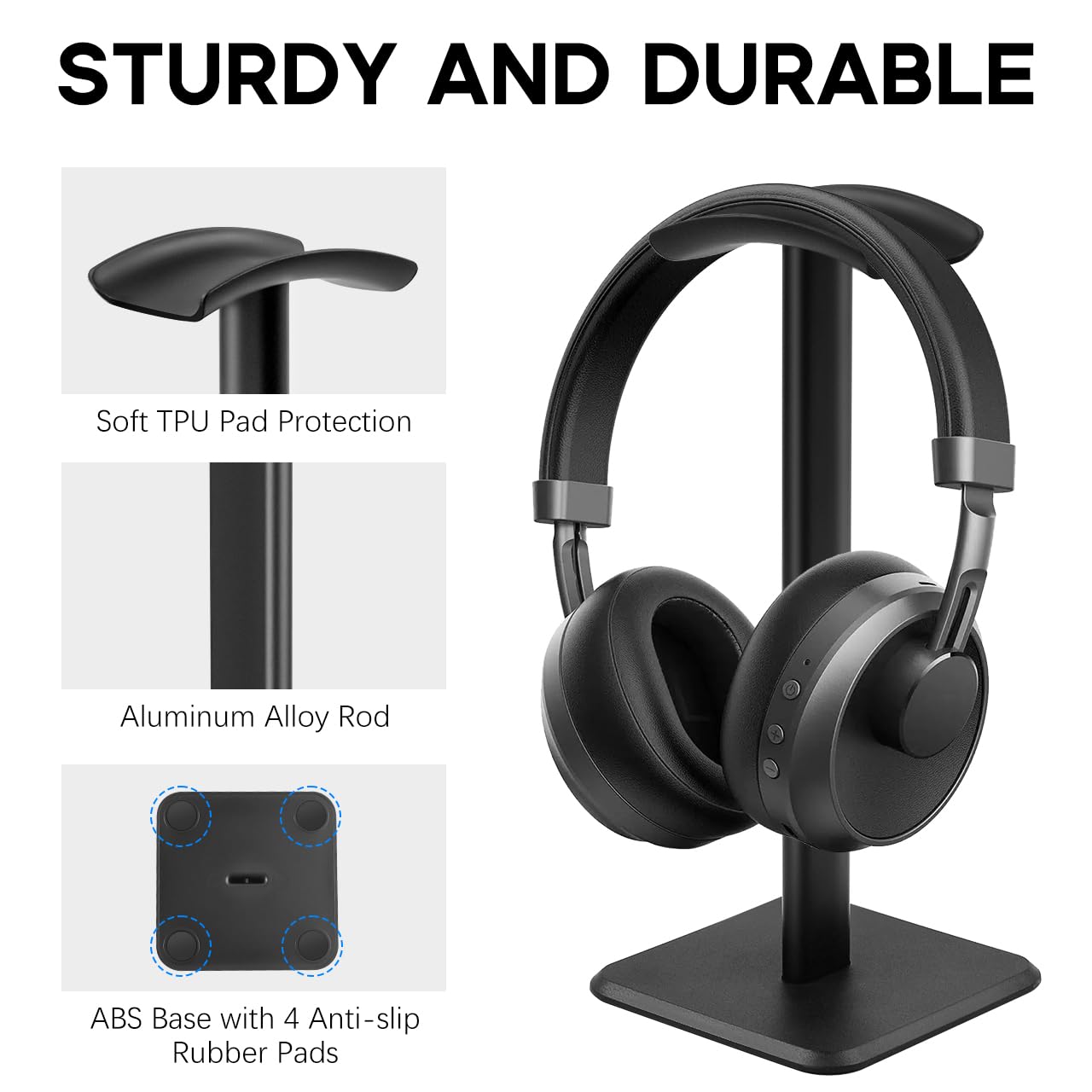 JIKIOU Headphone Stand Gaming Headset Holder Universal Aluminum Metal Headphones Holder Hanger with Aluminum Supporting Bar Flexible Headrest ABS Solid Base for All Headphone 2 Pack (Black) 3