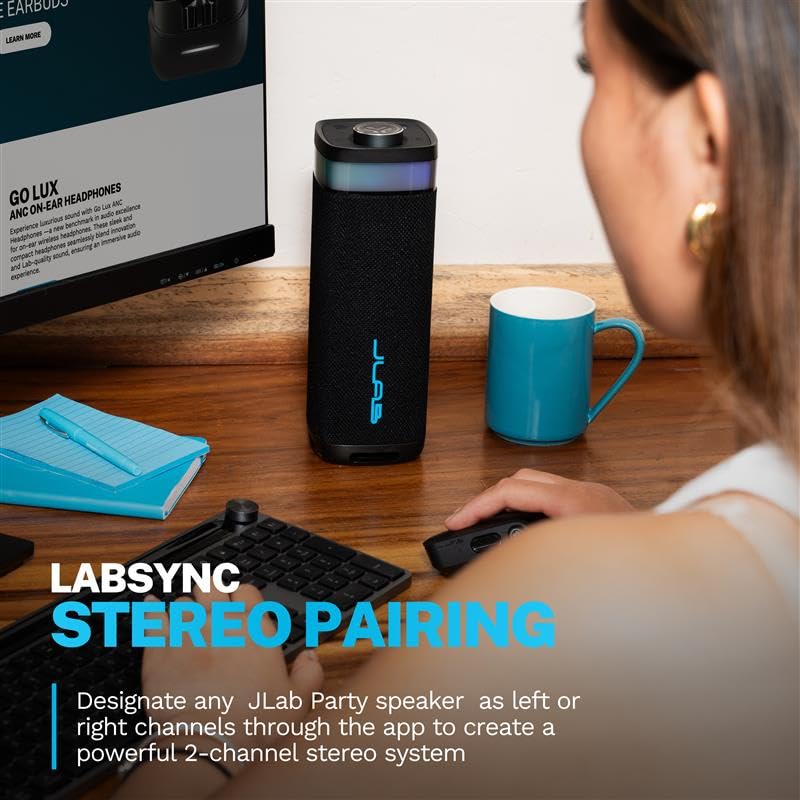 JLab JBuds Party Portable Bluetooth Speaker, 2 Full-Range Drivers + 2 Passive Woofers, IP56 Waterproof, 12 Hours Playtime, Connect Multiple Speakers, Custom Sound + RGB Lighting via App, Black 5