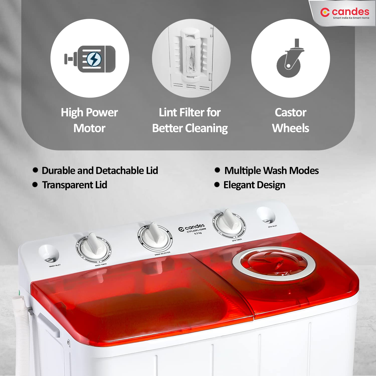 Candes 6.5 kg washing machine semi automatic | Multi Washing Method | Low Water Conusmption | 5 Year Warranty on Moter | (CTPL65PL1SWM), Marron Red 2023 Model 5