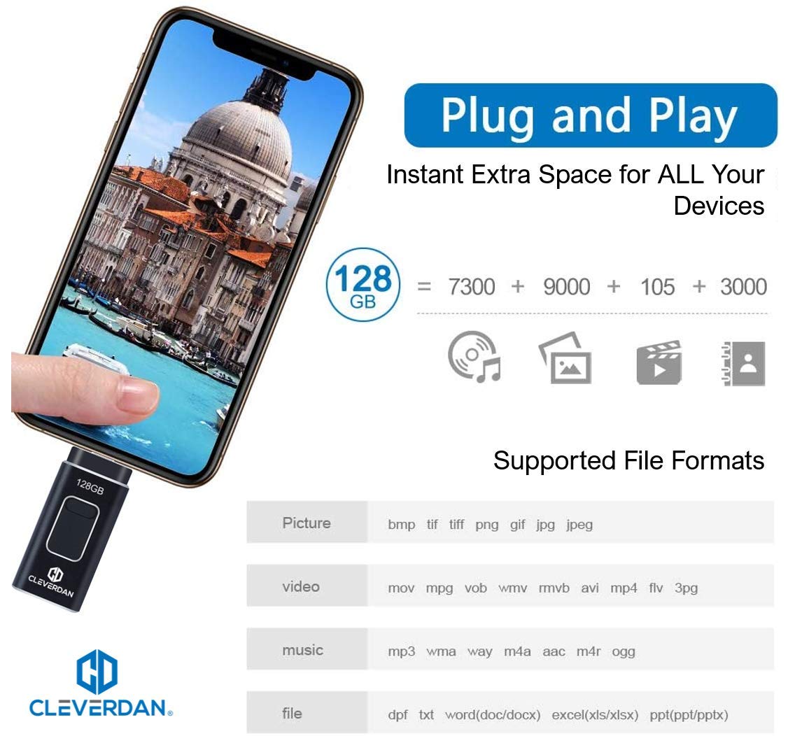 4-in-1 iPhone and Android 128GB Photo Stick USB 3.0 Flash Drive - Compatible with All Your Devices! iPhone iPad Samsung Moto Pixel PC Mac (Easy Backup & External Storage + Certified iOS App) Cleverdan 6