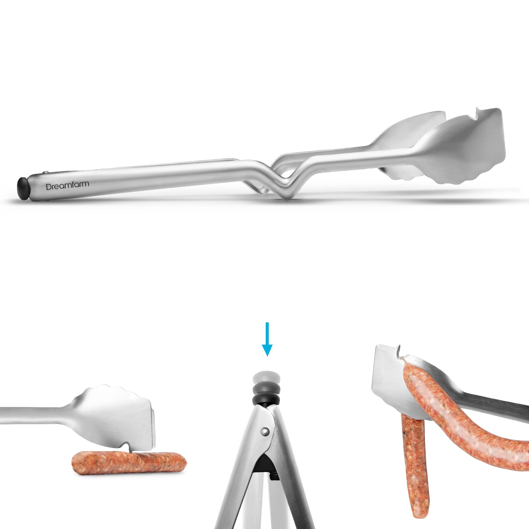 Dreamfarm BBQ Clongs Durable Barbecue Tongs with Click-Lock Open & Close, In-Built Sausage Prick & Cutter - 15" Stainless Steel