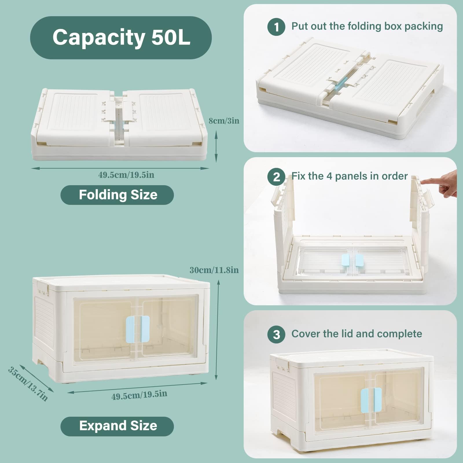 Wardrobe storage organiser, 3 Pack Foldable Storage Boxes Large 50L*3 Stackable Collapsible Clear Storage Boxes Organizer 50 * 36 * 90cm, Front Door Opening for Easy Access, Movable Foldable Container 3