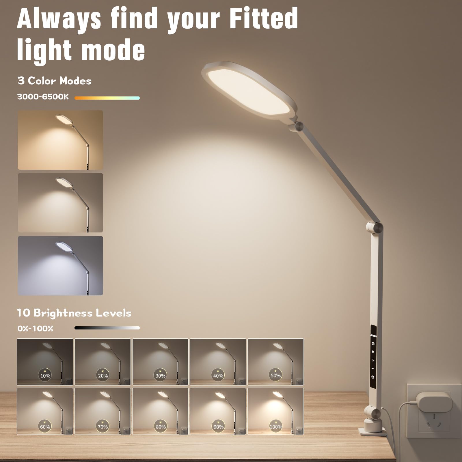 LitONES LED Desk Lamp for Home Office, 15W Desk Light with C- Clamp, Swing Arm, Memory & Timer Function, 1200LM Dimmable Computer Light for Video Calls, Conference, Study (White-Clamp) 5