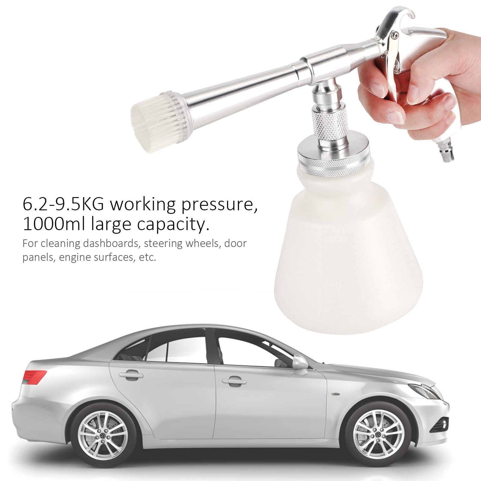 KLLJRFW Car Cleaning Gun, 6.2 to 9.5KG High Pressure Air Blower Gun for Car Detailing, Quickly Clean Car Interior Cleaning Kit with 2 Nozzles and Thickened Foam Bottle (Silver) 3