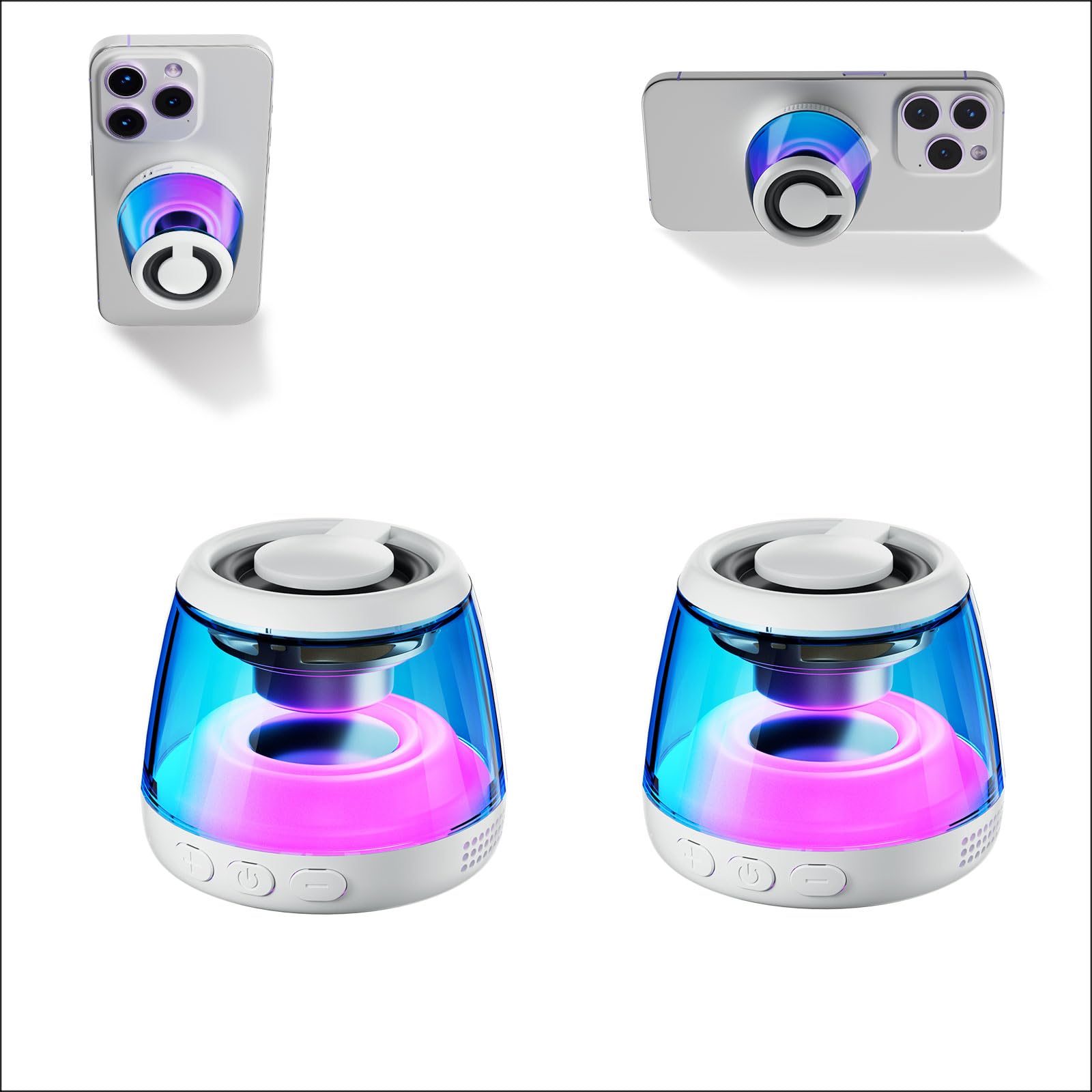 aipidmaga Two Magnetic Bluetooth Speaker,Wireless Induction Bluetooth Speaker,Mini Portable Cell Phone Stand for iPhone, Lanyard & RGB Night Light,or Home,Outdoors,Pool,Birthday Gift 1