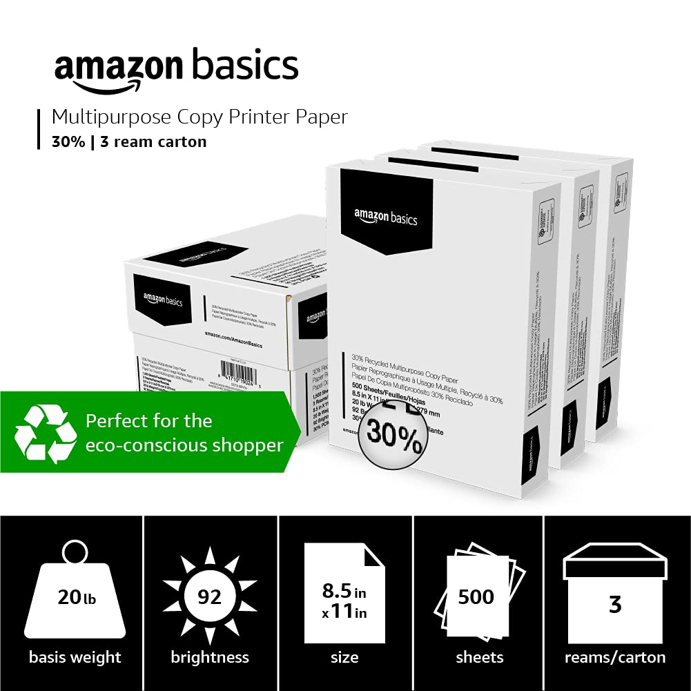 Amazon Basics 30% Recycled Multipurpose Copy Printer Paper, 8.5 x 11 Inches, 20 lb, 3 Ream, (1,500 Sheets), 92 Bright, White 3