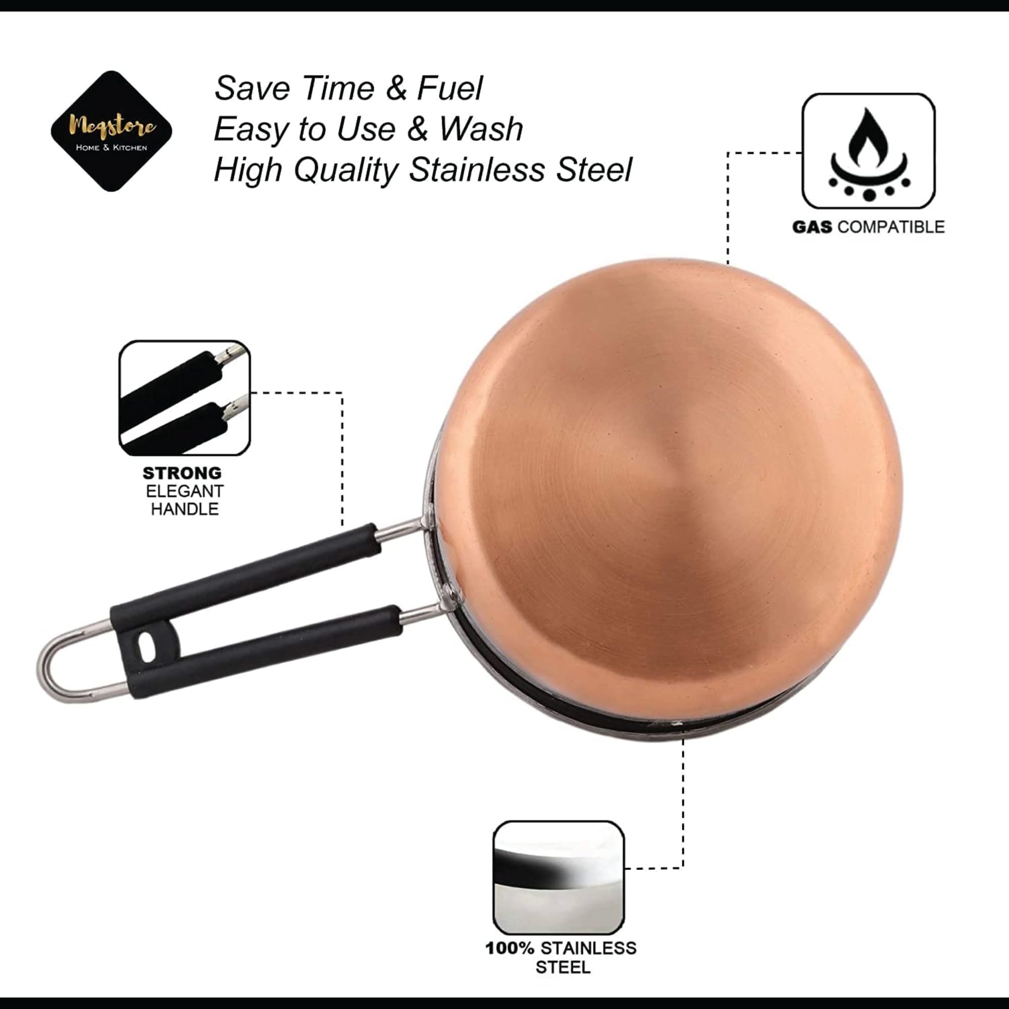 LUSTRE KITCH Stainless Steel Copper Bottom Saucepans with Lids |Tea Pan, Flat Base Cookware, Combo Set 6 (1L, 1.5L, 2L) � Tea, Milk, and Sauce Pans. 4