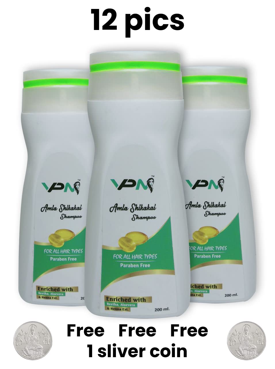 vpm Ayurveda Amla Reetha Shikakai Shampoo for Hair Growth Ayurvedic Anti Hairfall & Anti Dandruff Shampoo (12x200ml) 12 unit per 1 selver coin free 5