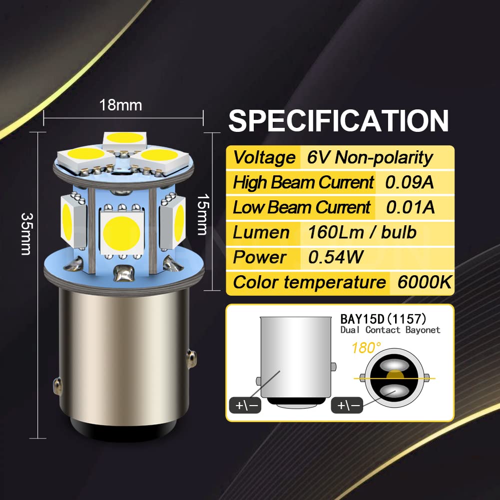 Ruiandsion 2pcs 6V 1157 LED Bulbs 5050 8SMD Chipsets 6000K White for Backup Reverse Lights Tail Lights 3